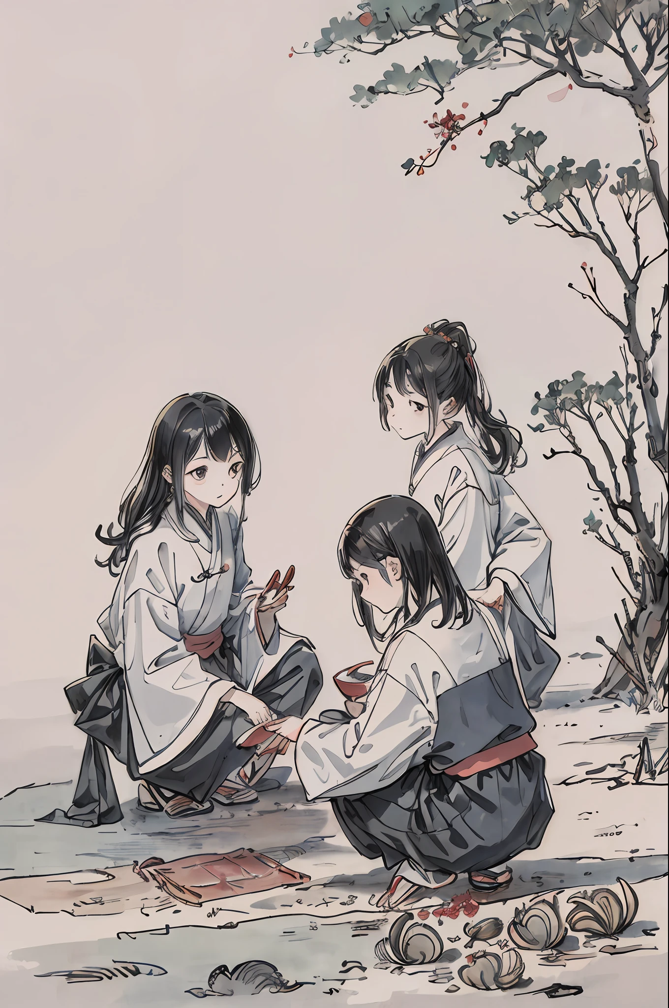 tmasterpiece,Need,China-style,Three children squatting on the ground playing with clams,pines,caligraphy,sigils