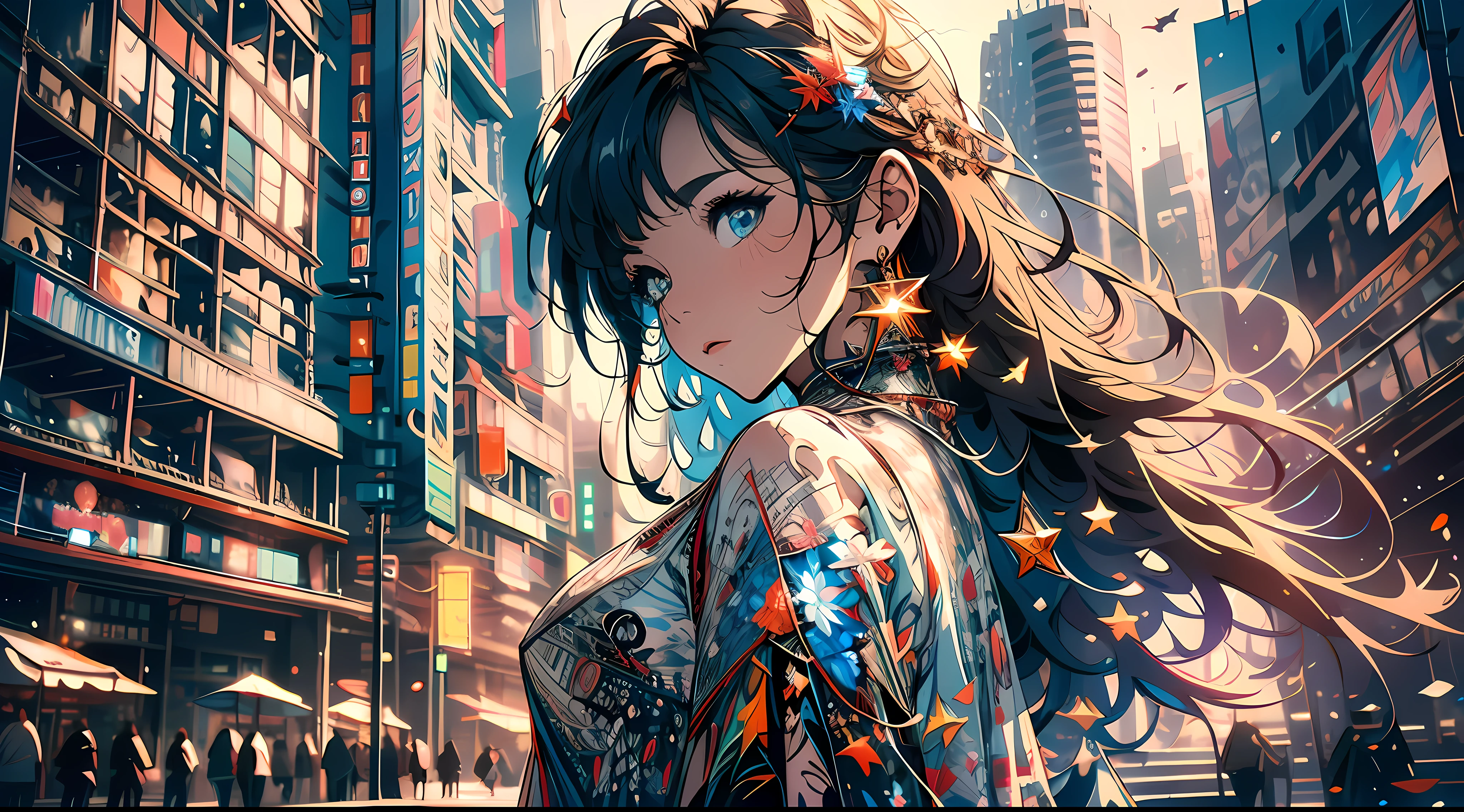 masterpiece, best quality, top quality, ultra highres, 8k hdr, 8k wallpaper, RAW, huge file size, intricate details, sharp focus, natural lighting, realistic, professional, delicate, amazing, CG, finely detailed, beautiful detailed, colourful, urban background,1 girl, star