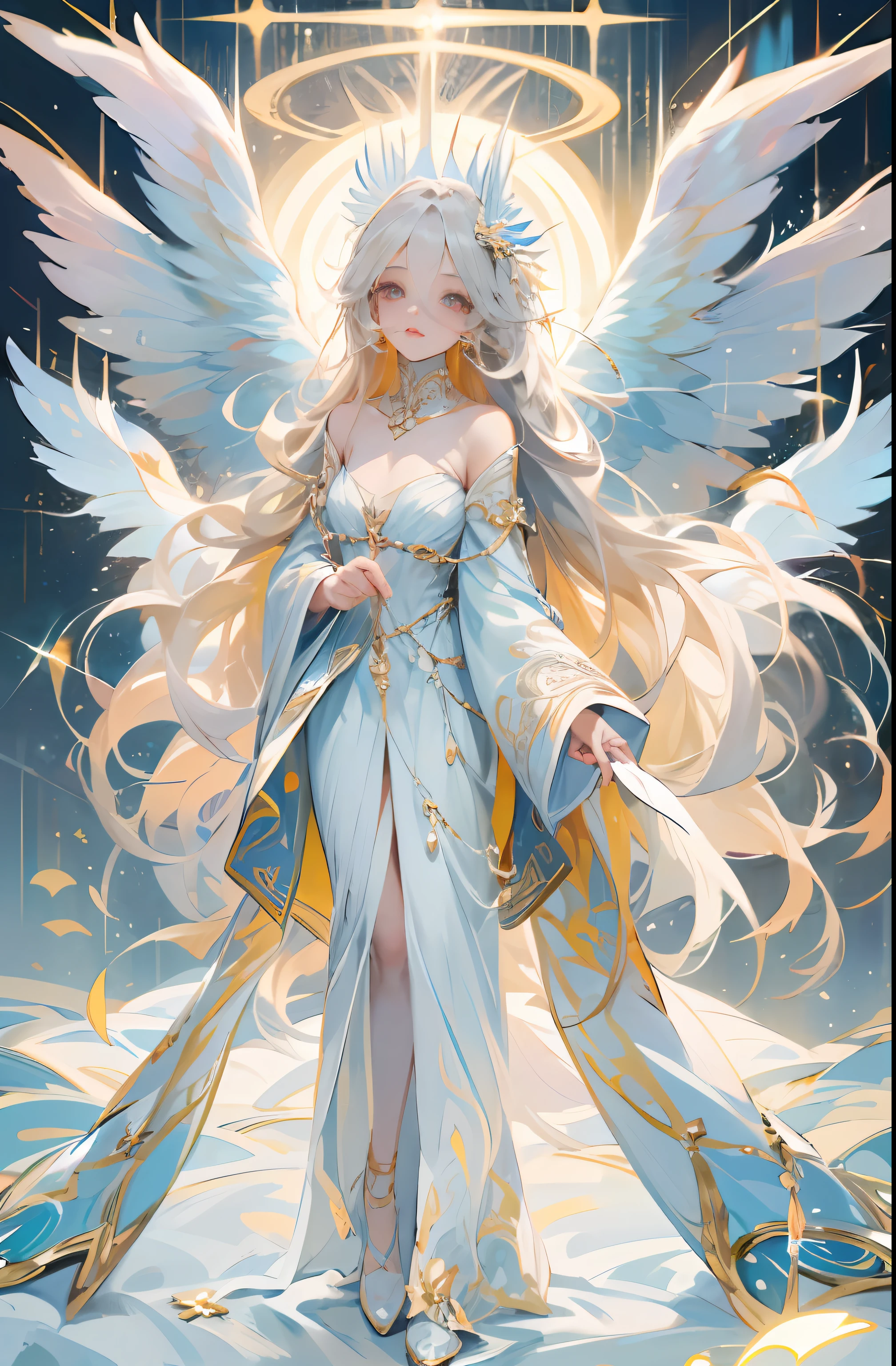 (Masterpiece: 1.4), (Best Quality: 1.4), (Very Cute Angel Girl, Super Detailed Face, Jewel-like Eyes, White Very Long Hair, Colorful Gradient Hair: 1.4), (Angel Ring:
1.4), (Angel Wings: 1.4), (Full body, perfect 2 arms, perfect 2 legs: 1.4), Perfect 4 fingers: 1 thumb, light, shine, bokeh, super fine
