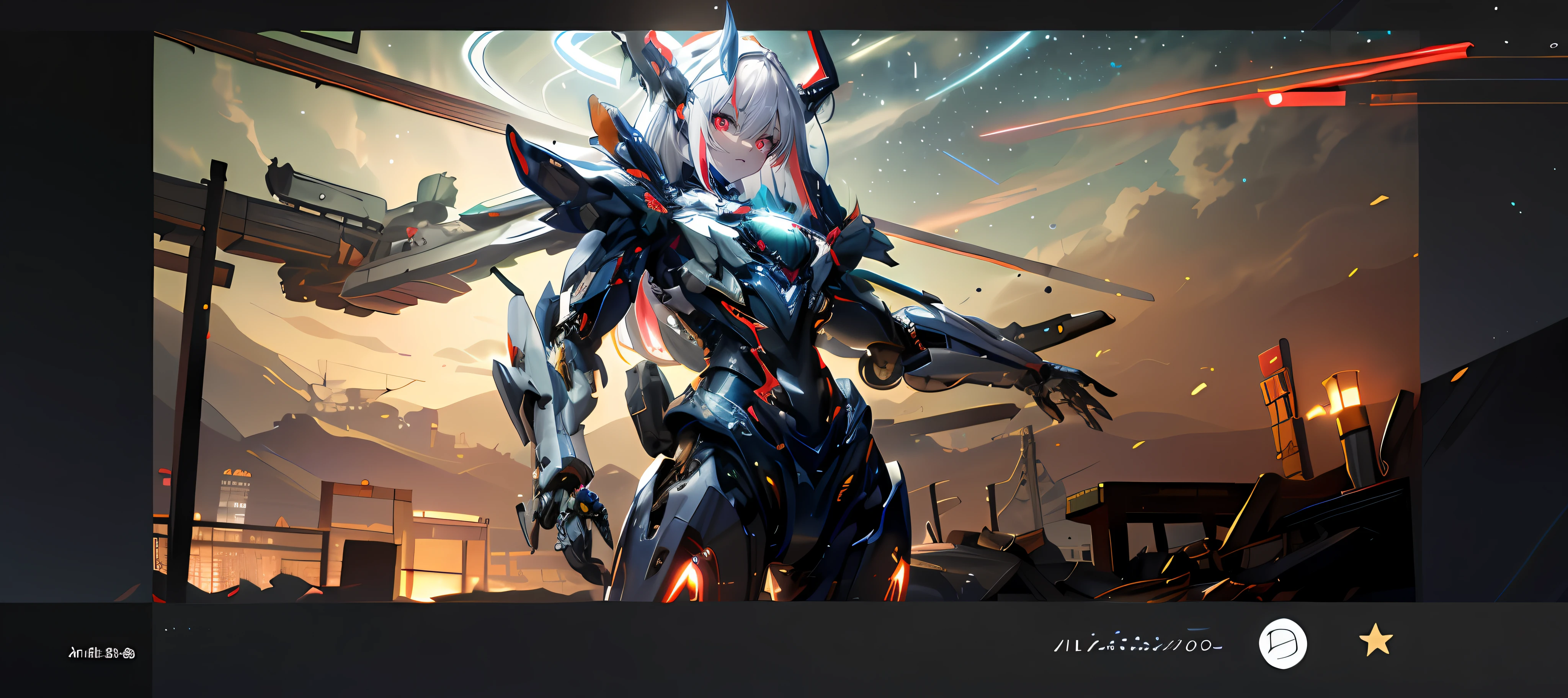 masterpiece,best quality,ultra-detailed,very detailed illustrations,extremely detailed,intricate details,highres,super complex details,extremely detailed 8k cg wallpaper,cowboy shot, caustics,reflection,ray tracing,demontheme,nebula,dark aura,cyber effect, (1girl:1.4),solo,alone,mecha musume,mechanical parts, robot joints,single mechanical arm, headgear, mechanical halo,star halo,intricate mechanical bodysuit, mecha corset, full armor, very long hair,white hair, hair between eyes, multicolored hair, colored inner hair, red eyes,glowing eye,eye trail, random expressions,random action, ancient japanese architecture,pond, starry sky,skyline,