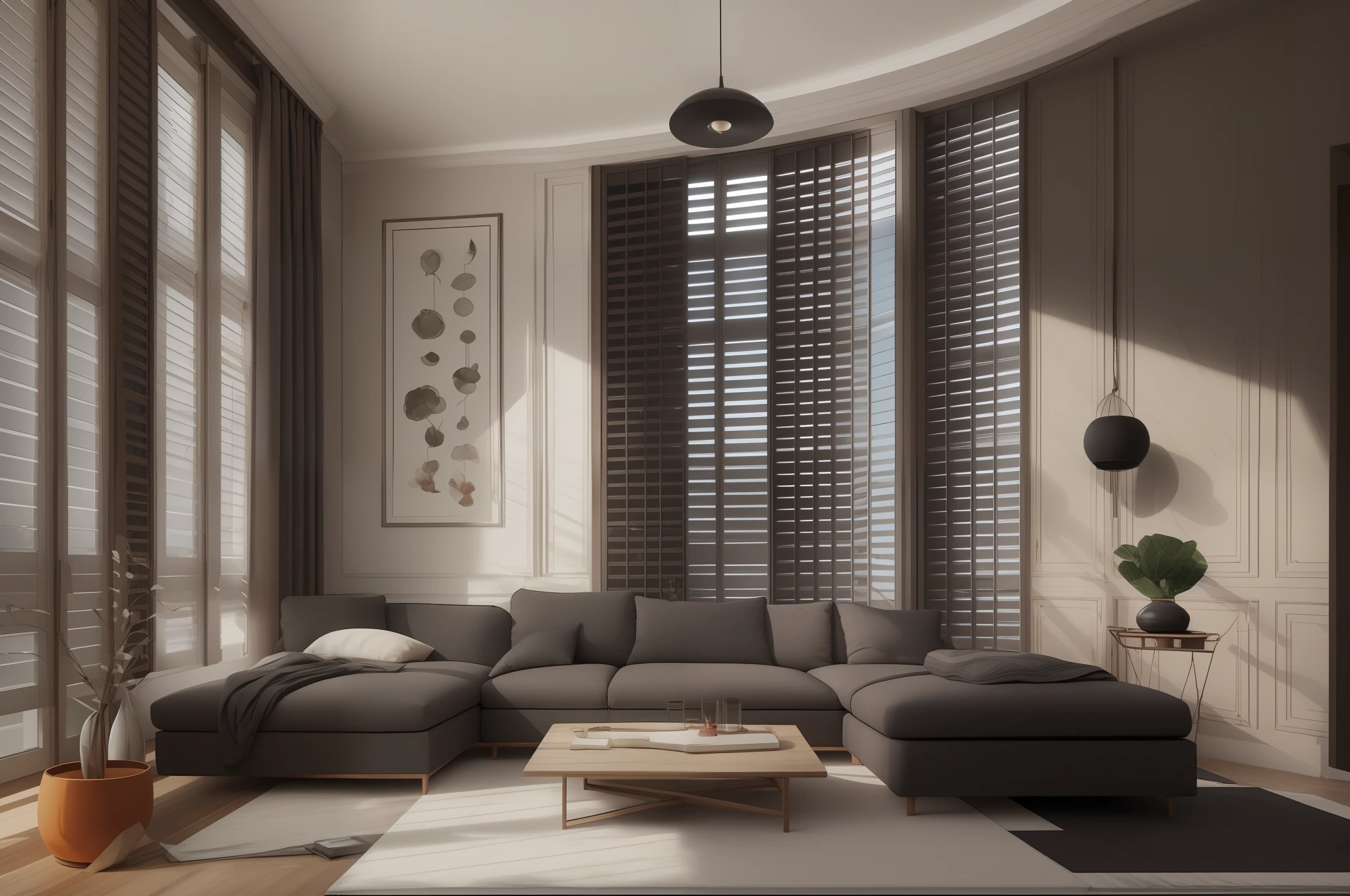 sobu，morden style：1.2，sofa，design sense, The setting sun shines into the house from the floor-to-ceiling windows，The shutters are ajar，Hyper-detailing，Extremely high image quality，beiou，jijian，meishifugu，Red and black tones