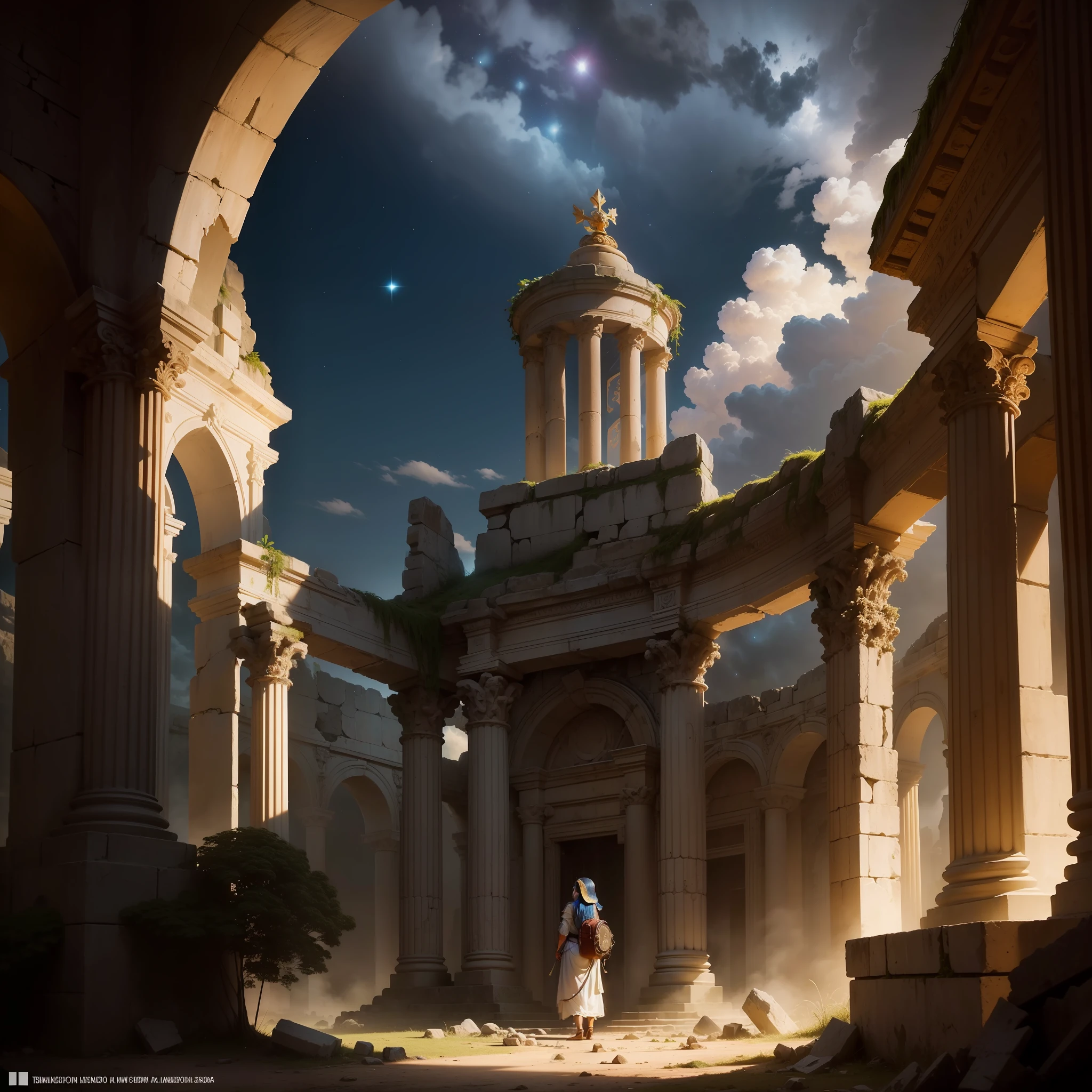 (Ruins of a destroyed ancient temple, Tempos medievais), (night sky, Cosmos, sol ao fundo), (um rei com mochila, de costas, obsedvando a cena, golden crown on her head, emanando sua aura), (imagem realista, cinematografic, ultra-detalhado, 8k, Full HD), (cena harmoniosa, contraste de luz, ceu em foco e detalhado,
