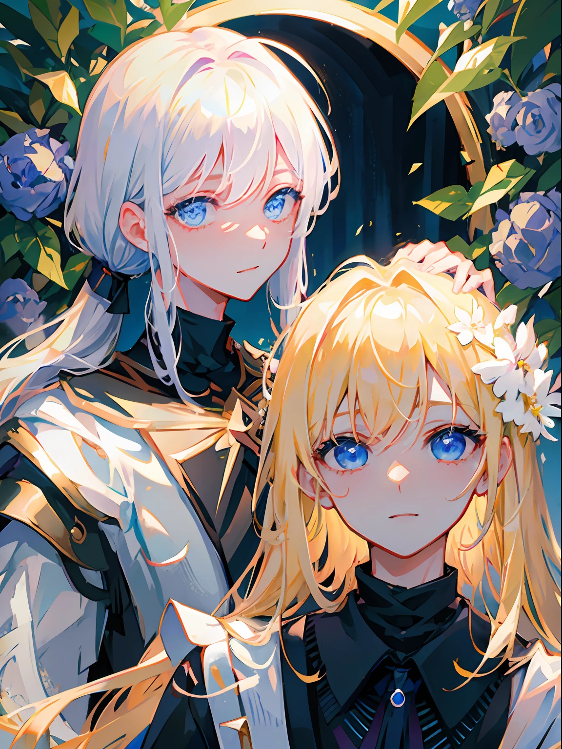 ((​masterpiece:1.2、top-quality))、((Two Men))、blonde  hair、blue eyess(a handsome:1.4)、Guys only、校服、royalty、black knight、short black hair、Golden eyes、Scar on the right eye、Black armor、Fantasia、the woods、blooming flowers、sunlights、Fantastic Light and Shadow、landscapes、extra detailed face、portraitures、a smile