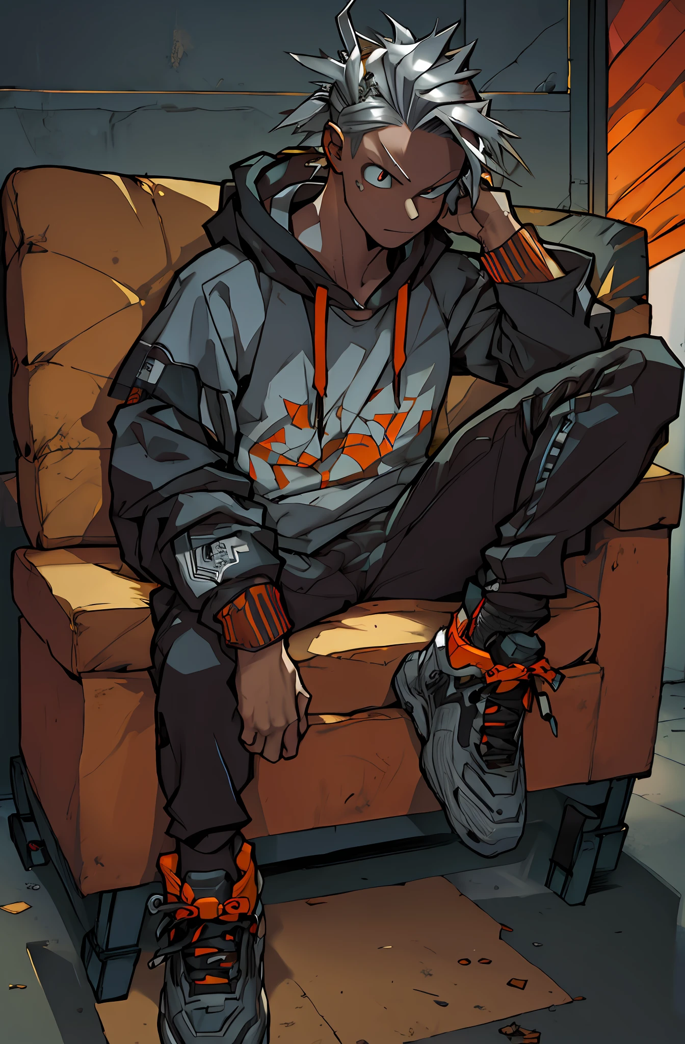 maroon:1.5, orange:1.1, black:1.3, golden:1.3, (solo,gamer with dread hair),tattoos masterpiece, best quality, (1boy, solo), male focus, sitting on couch, black hoodie, black jeans, leg on knees, grey shirt, red headphones,(two-toned hairstyle, silver eyes) dark skin,tattoos on neck, black fingerless gloves