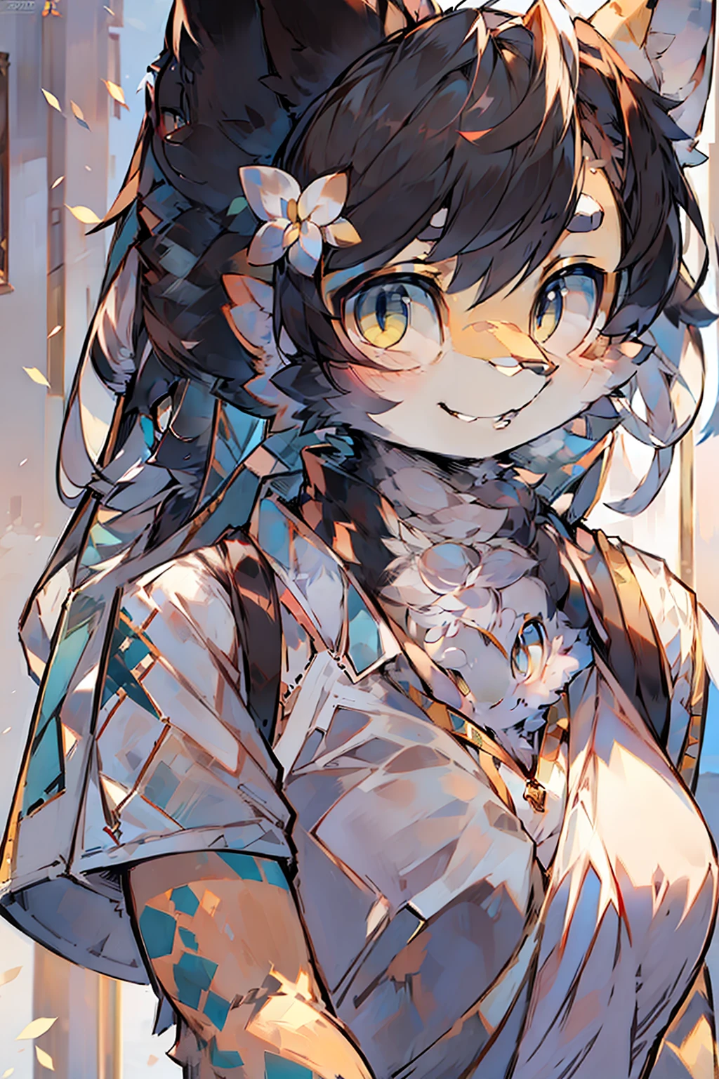Masterpiece, top quality, official art, highly detailed CG Unity 8K wallpaper, like a schoolgirl, very delicate and beautiful, ultra high resolution, (photorealistic: 1.4), golden hour lighting, (upper body), (platinum shorthair: 0.8), (puffy eyes), looking at the viewer, facing the front, smiling, JK skirt, white dress, Shirt Lift Long Black Hair