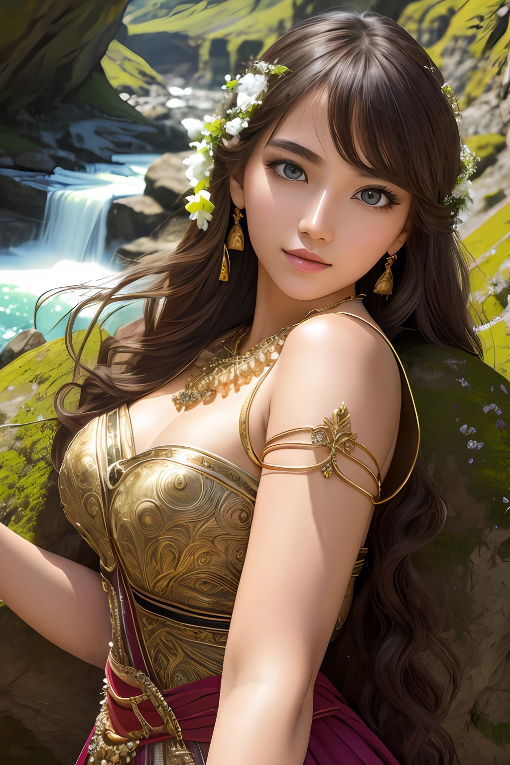 8K Raw photograph,2girls,duo,{2 beautiful women}, best qualtiy,Masterpiece, 超高分辨率,filmgrain,cinematic ligh,looking at viewert,Natural skin texture,Realistic Eyes and Face Details,((Realistic:1.5)),Ulzzang-6500:1.4,((Best quality)), ((Masterpiece)),((Detailed)),(Upper body:1.3),Hug and touch each other, Tease your friend's waist, Breathless friends, Biting a friend's earlobe, crouched,super wide shot,Face focus, Long legs,Curvy, Barefoot,Wide hips, Thin legs, Oversized eyes,Long eyelashes, (Detailed face,beautidful eyes, detailedpupils,detailed clothes features, Clear background:1.3), (armlets, bangle:1.3), Mysterious ancient ruins, floresta exuberante, Deep canyon,bridge,River,cliff,Cloud,lakes,Rock music,Waterfalls, Flowers, Grass,grape trees,tree,bright detail,Sharp,Perfect compounding, Intricate, Sharp focus, Dramatic,