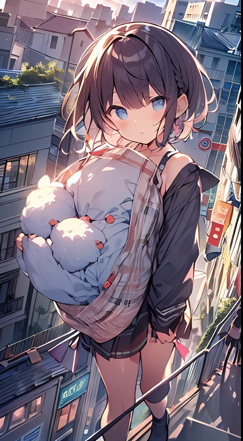masutepiece, Best Quality,Illustration, Wallpaper, Ultra Detail, absurderes, 1loli, Solo, (Medium short hair、short braided hair), Beautiful detailed eyes , (Street), luminous sky,(a panoramic view:1.3),(Sense of depth:1.5),(longshot:1.3)