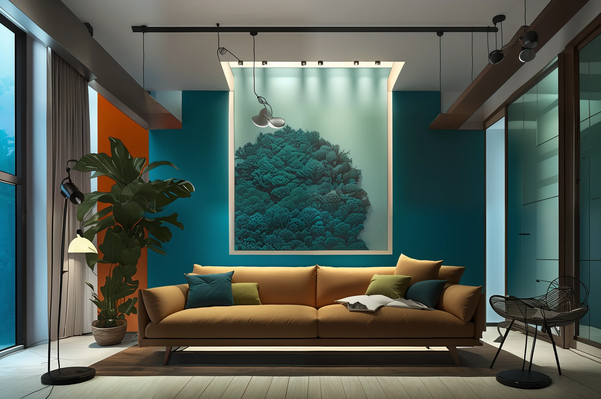 sobu，morden style：1.2，sofa，design sense, Marine element decoration，blue wall，Outside the floor-to-ceiling windows are biomes formed by tropical coral reefs，Soft lighting，Simple but ubiquitous lamps，Hyper-detailing，Extremely high image quality，beiou，jijian，meishifugu，Red and black tones