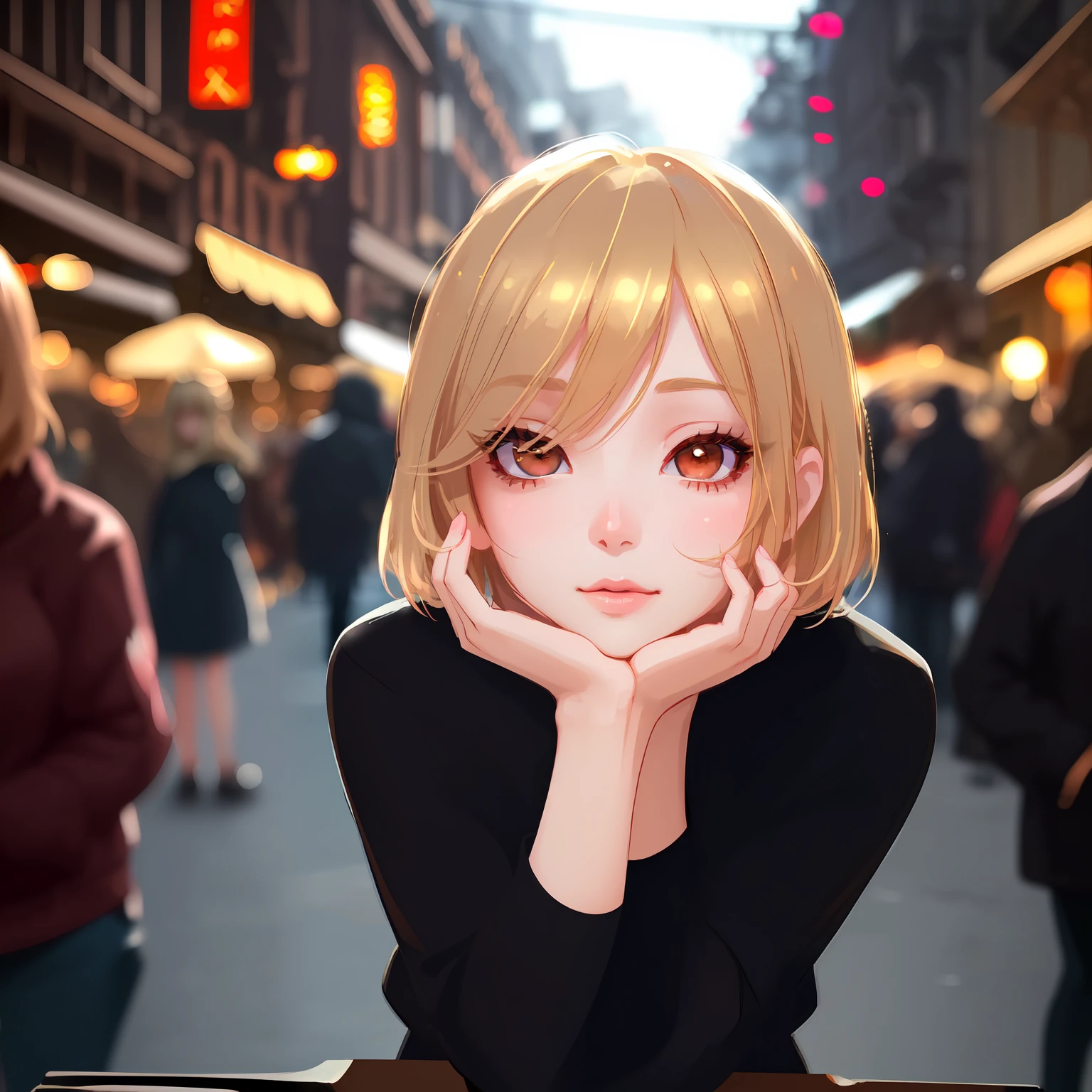 Close focus on face, sexy cute girl, short blondy hair, colored ambient lights, street environment, long eyelashes, cute clothes, people on background, rose eyes, turist, day time, cute Leaning forward pose