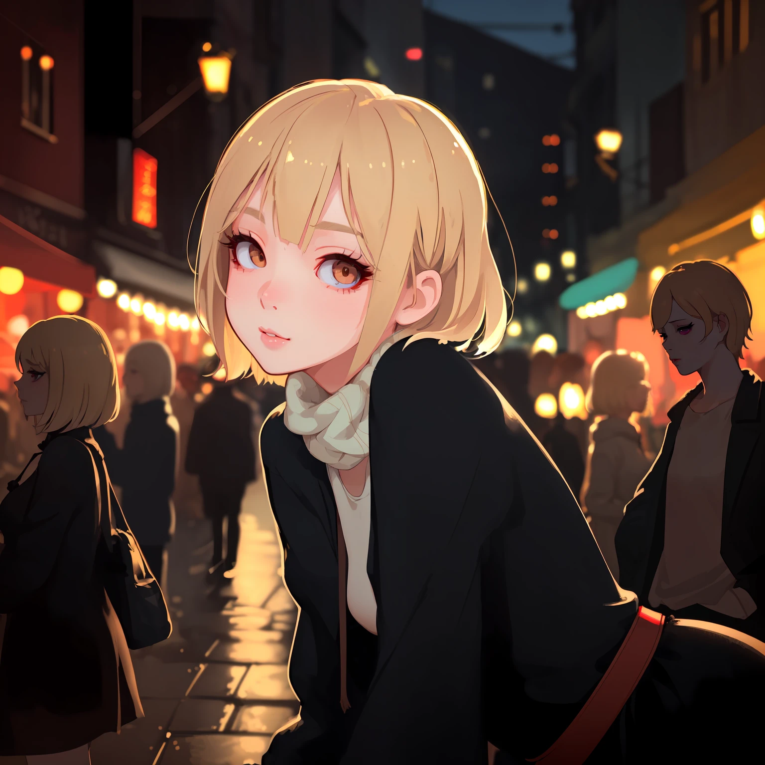 Close focus on face, sexy cute girl, short blondy hair, colored ambient lights, street environment, long eyelashes, cute clothes, people on background, rose eyes, turist, day time, cute Leaning forward pose