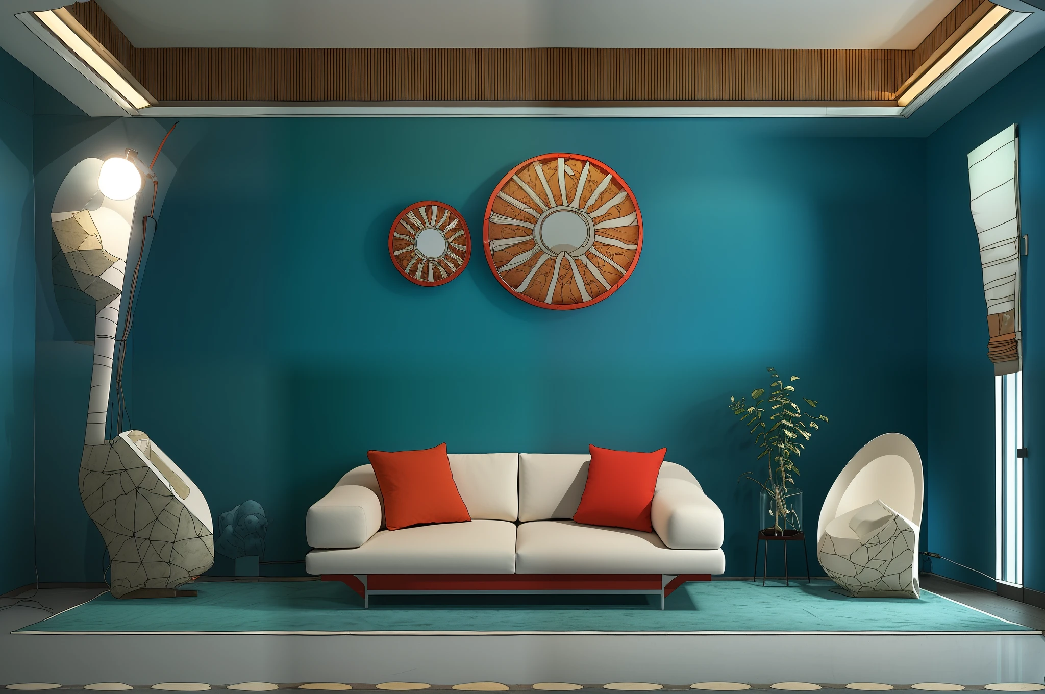 sobu，morden style：1.2，sofa，design sense, Marine element decoration，blue wall，Outside the floor-to-ceiling windows are biomes formed by tropical coral reefs，Soft lighting，Simple but ubiquitous lamps，Hyper-detailing，Extremely high image quality，beiou，jijian，meishifugu，Red and black tones