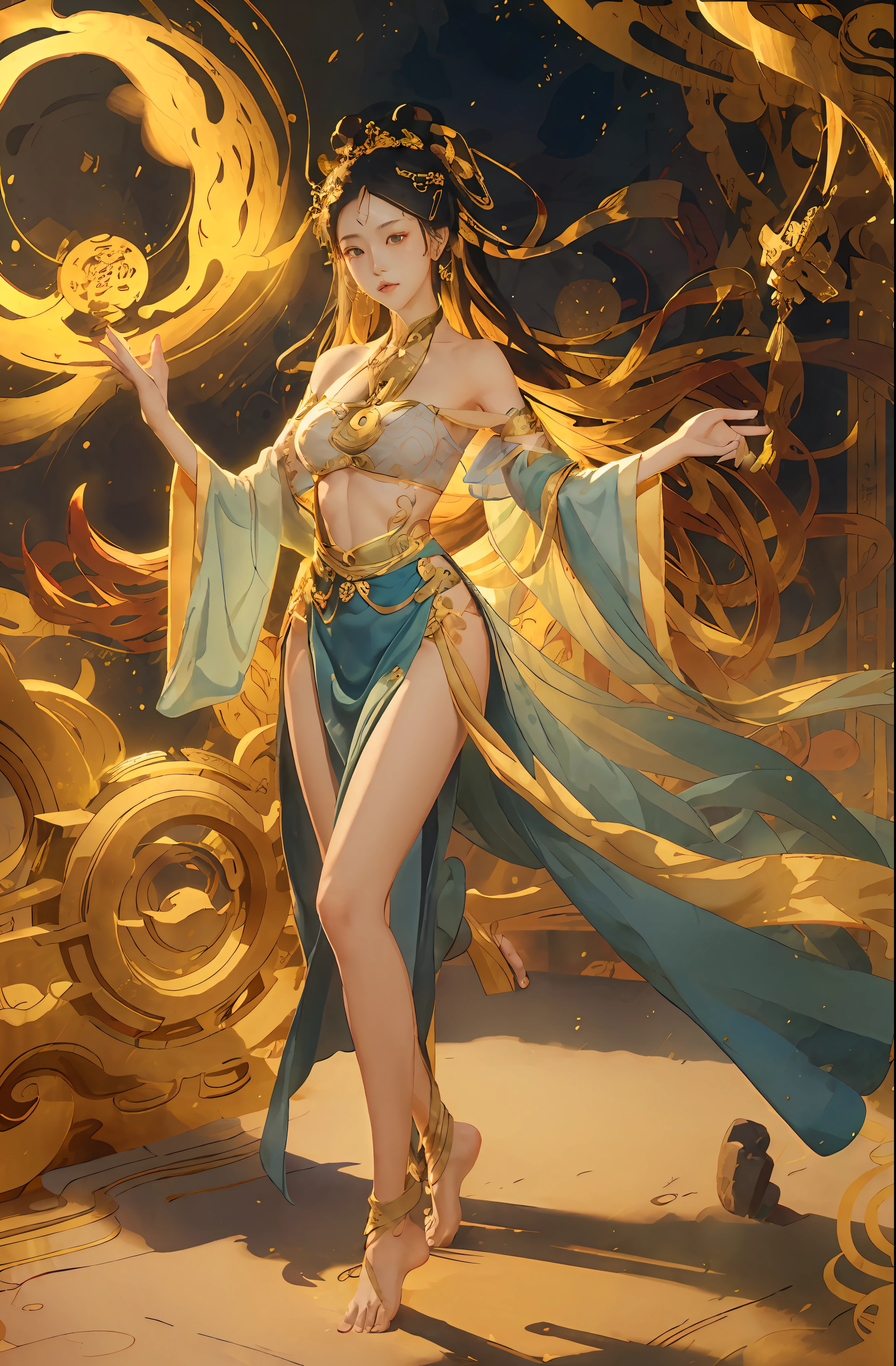 8K raw photo, Best quality, masterpiece, ultra high res, (zentangle, mandala, tangle, entangle),colorful,(photorealistic:1.4), raw photo, 1girl, offshoulder, outdoors,tall female, skinny, slim_legs, solo,(perfect body shape),holy light,gold foil,gold leaf art,glitter drawing,fly high  in the sky ,(full body),long hair,  (see-through:1.3), ((revealing clothes)), ((barefoot)), medium breasts, earrings, ((dress)), no bra, ((bare shoulders)), very long hair, no panties, black hair, ((detached sleeves)), ((side slit)), bare, dunhuang_cloths,dunhuang_dress,traditional chinese  hair style,Traditional Chinese hair ornament,cinema,Fei Tian Ji ,Propitious Clouds,chang'e, paradox,pure,soft smile,illustration,barefoot,(pelvic curtain),playful patterns, lively texture,