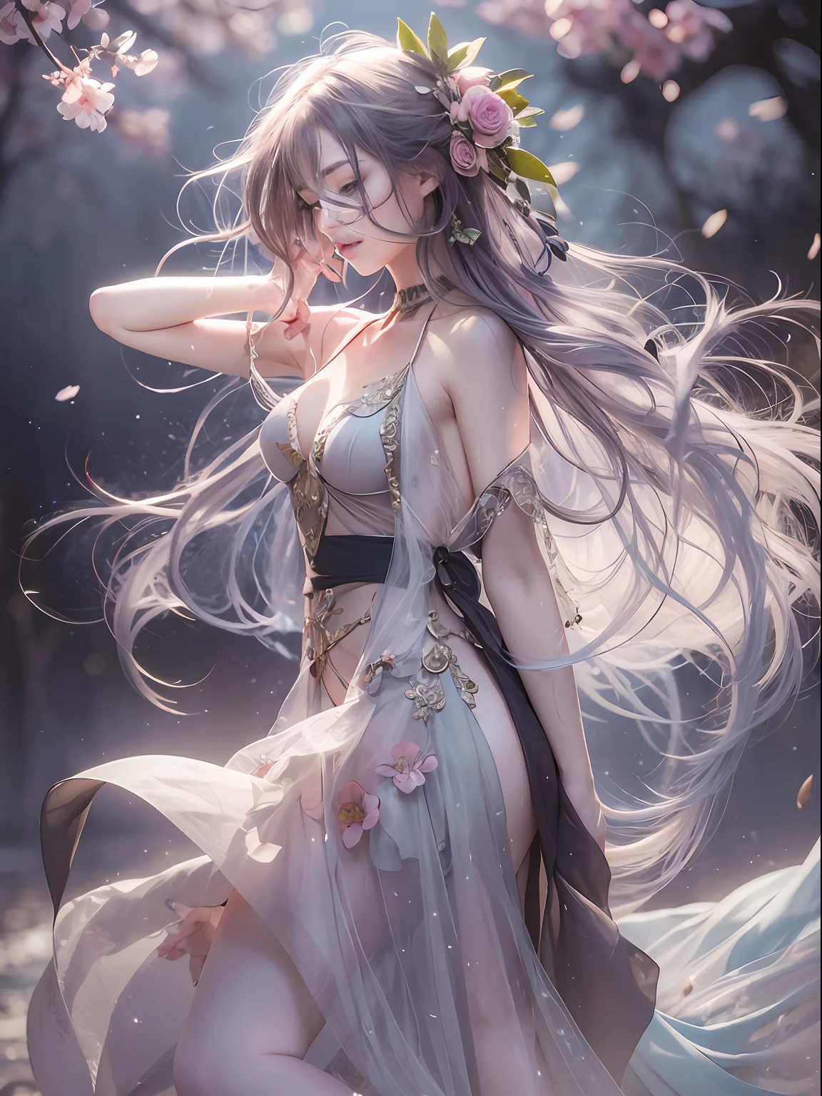 loose outfit、Show shoulders、How to wear a gown with a dark color see-through halter neck broken、Decorated with intricate patterns and dark colors、Transparent material that makes the skin shine、Artistic depiction of seductive woman in gown with wet thin cloth and transparent skin, Floral and fantastic pattern with flowing silky traditional see-through skin。Her dress draped elegantly around her curvaceous figure、Emphasizes her charming silhouette。She's a gentle fireworks night、Dynamic Posing、Sexy Posing、bathed in the soft glow of moonlight。The scene is、With a hint of mystery and sensuality、It exudes an ethereal dreamy atmosphere。The image style is、Incorporates a blend of watercolor and digital illustration techniques.、It makes you feel delicate beauty and charm。Soft moonlit lighting、Cast gentle highlights and shadows on her mesmerizing features。Dynamic Posing、Bold poses、The hand is somewhere、see -through、show through、A sexy、Wet hair、Wet、cherry trees、flower petals、cherryblossom、The cherry tree、Sakura blizzard、buried、Transparent skin、Wet clothes、Chest Pulling、Translucent clothes、Eau、nudde、