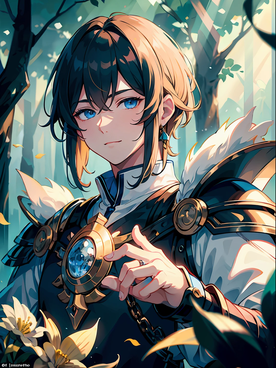 ((​masterpiece:1.2、top-quality))、((Two men))、blonde  hair、blue eyess(a handsome:1.4)、Guys only、校服、royalty、Black Knight、Short black hair、Golden Eyes、Scar on the right eye、Black Armor、Fantasia、the woods、blooming flowers、sunlights、Fantastic Light and Shadow、landscapes、extra detailed face、portraitures、A smile