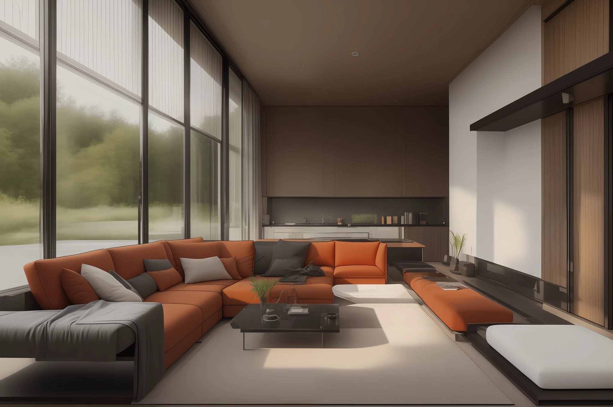 sobu,morden style:1.2,sofa,design sense, The setting sun shines into the house from the floor-to-ceiling windows,The shutters are ajar,Hyper-detailing,Extremely high image quality,beiou,jijian,meishifugu,Red and black tones