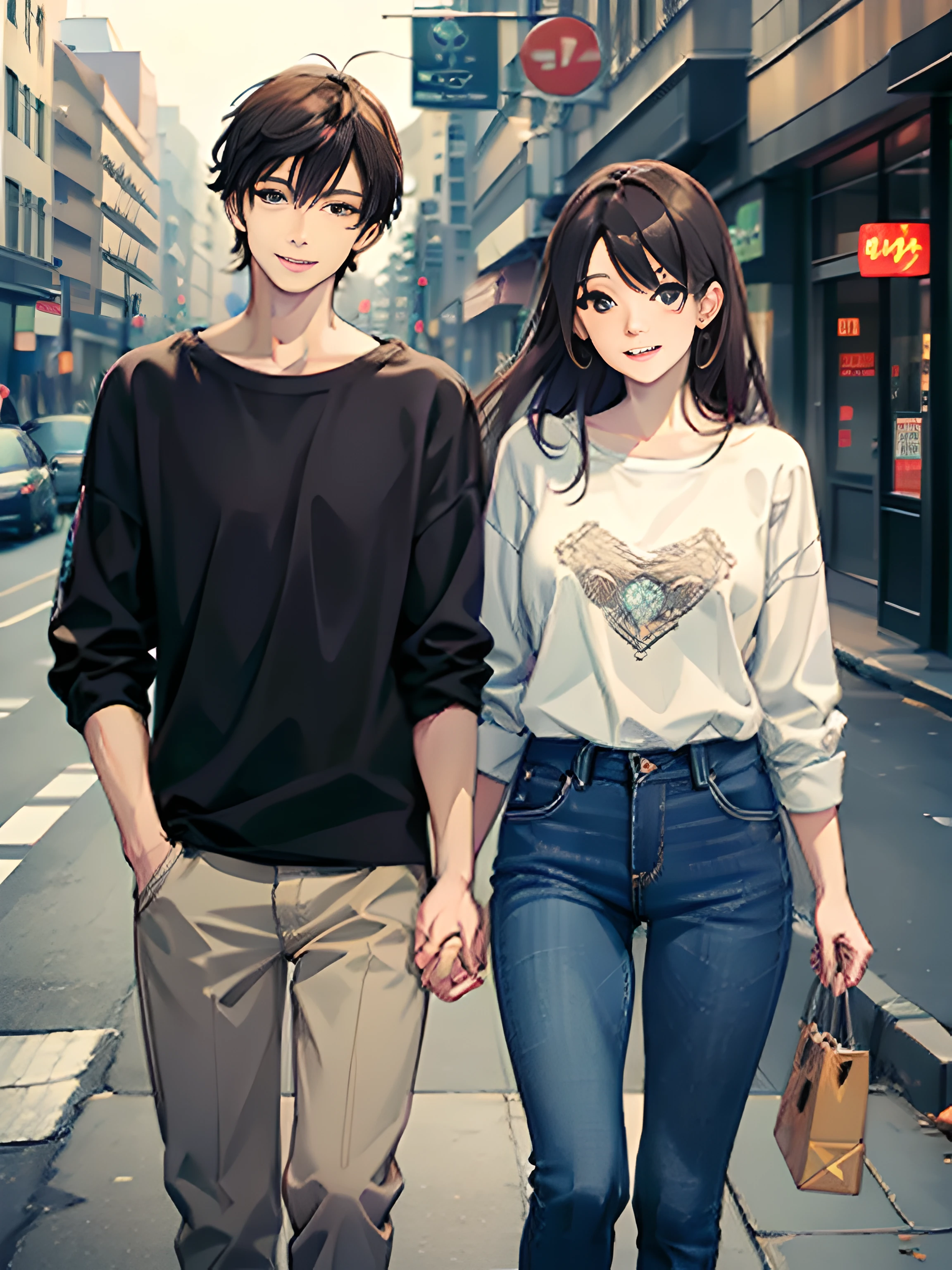 masterpiece, best quality, 2others, couple, 1man with 1woman, mature, adult, Height difference, different fashion, different color, finely detailed eyes and detailed face, intricate details, casual clothes, oversized shirt, modern urban street, holding hands, smile, happy, love