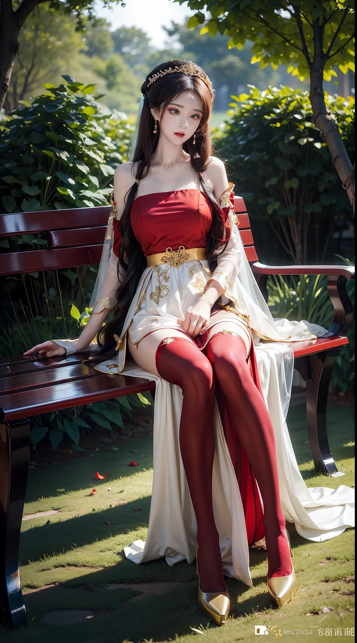 Golden red pattern wedding dress，gleaming in the sunlight，Kizi，hair adornments，cropped shoulders，Long green wavy hair that grows to the waist，red high heel pumps，Long-legged black stockings，Sitting alone on a bench