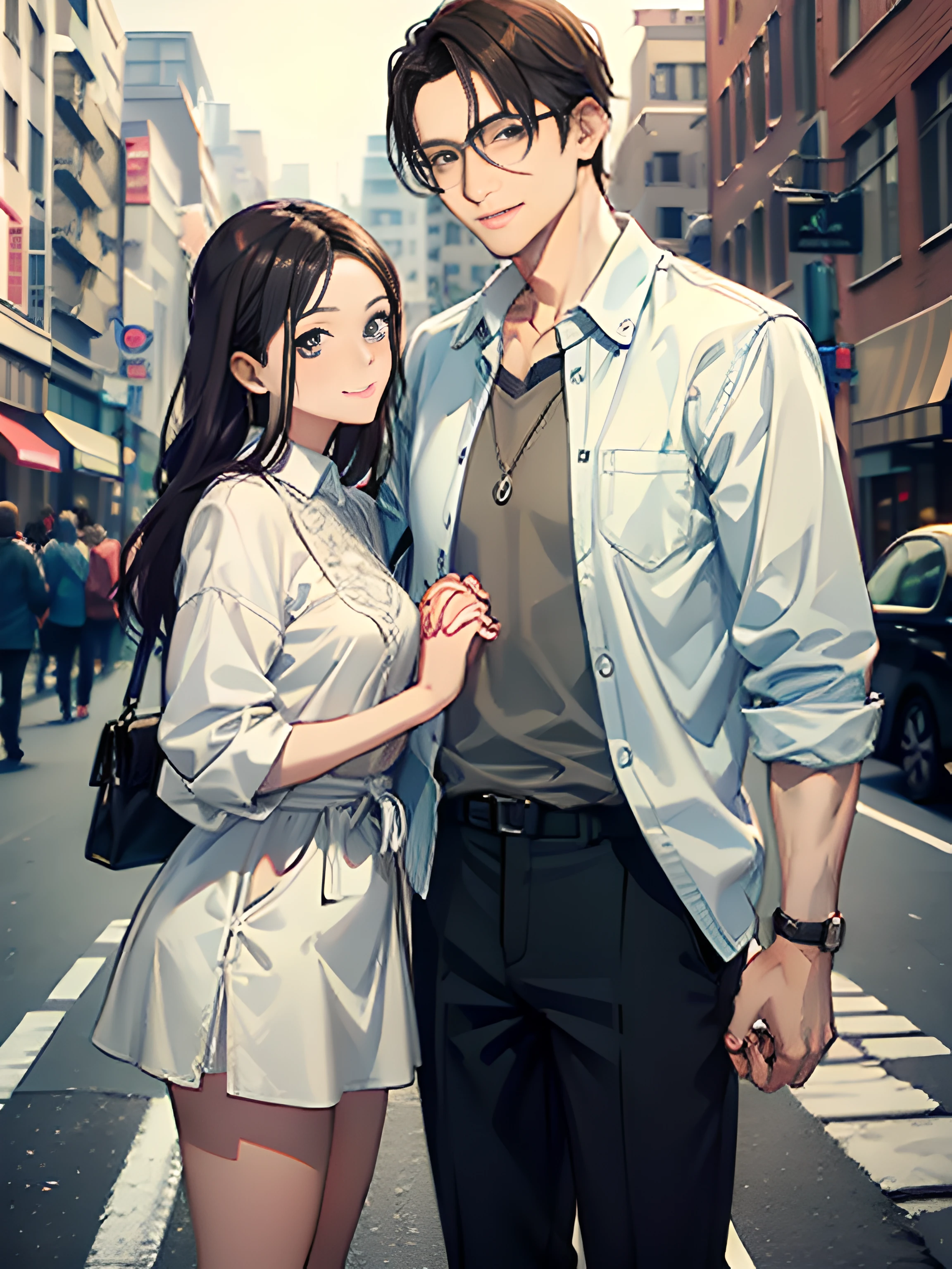 masterpiece, best quality, 2others, couple, 1man with 1woman, mature, adult, Height difference, different fashion, different color, finely detailed eyes and detailed face, intricate details, casual clothes, oversized shirt, modern urban street, holding hands, smile, happy, love