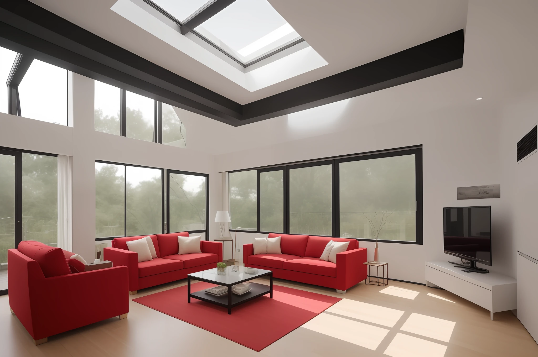 sobu，morden style：1.2，White walls，Modern style sofa，design sense, The setting sun shines into the house from the floor-to-ceiling windows，Modern living room，The shutters are ajar，Hyper-detailing，Extremely high image quality，beiou，heibaihui，jijian，meishifugu，Red and black tones