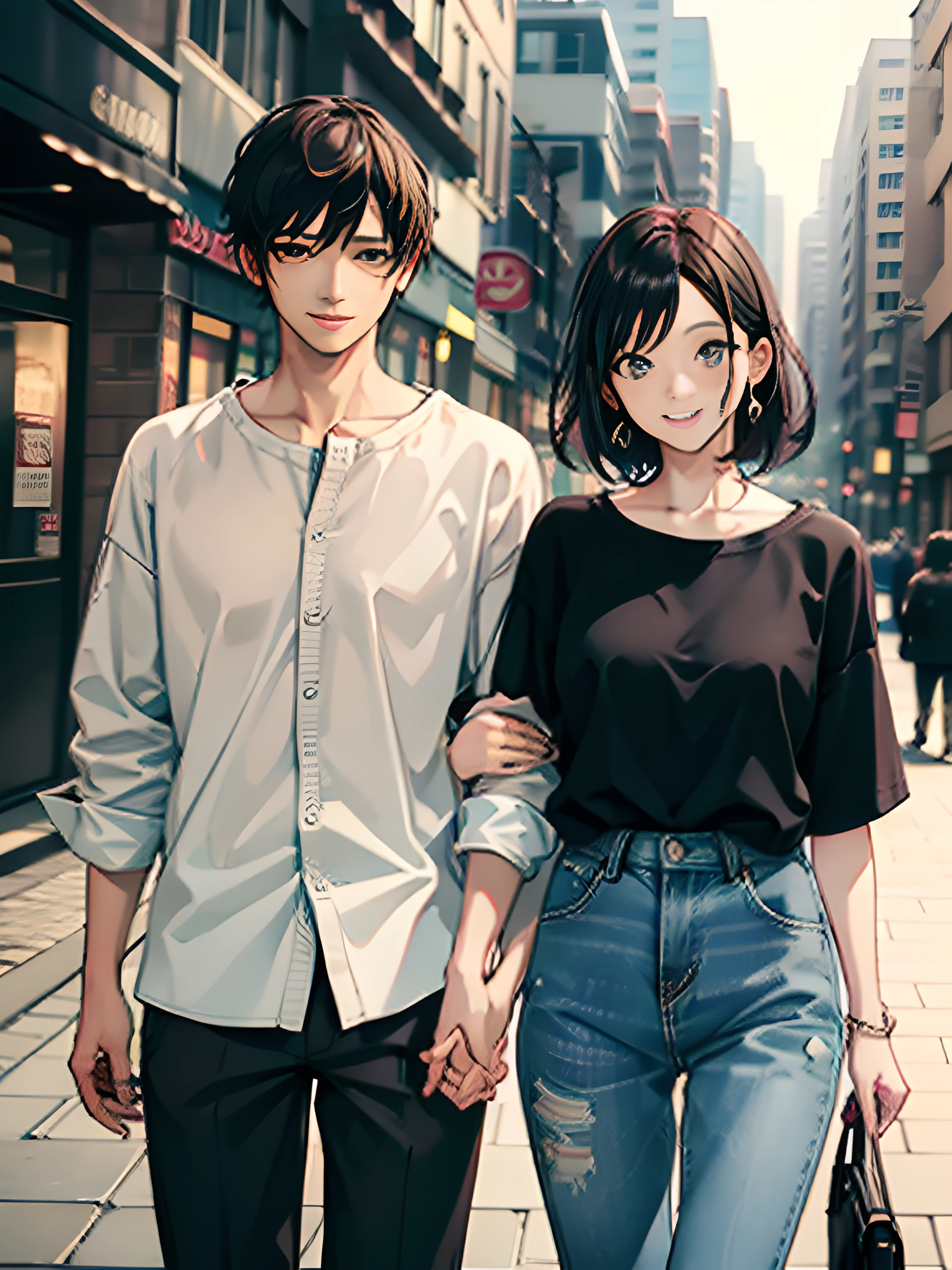 masterpiece, best quality, 2others, couple, 1man with 1woman, mature, adult, Height difference, different fashion, different color, finely detailed eyes and detailed face, intricate details, casual clothes, oversized shirt, modern urban street, holding hands, smile, happy, love