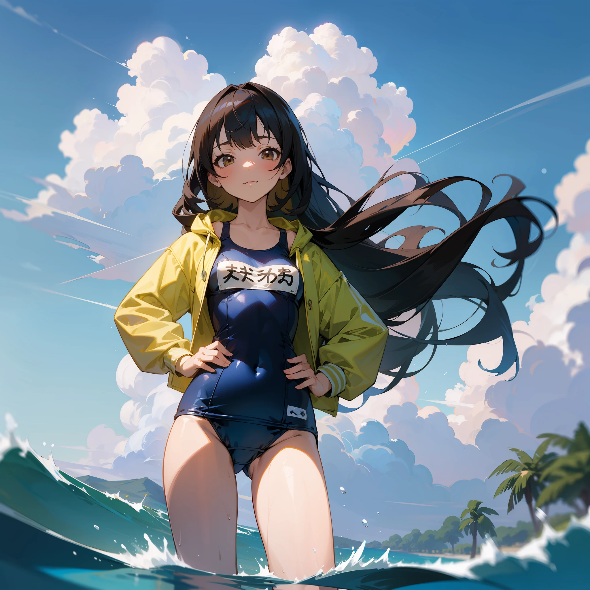masutepiece, Best Quality, hyper detailed illustration,beautiful artwork,Anime drawing of a woman in a school swimsuit,Standing under a fluffy blue sky, 1girl in, Solo, Black hair, Brown eyes, Ass, Long hair, Swimsuit, Looking at Viewer, Hands on hips, Twin-tailed, hoods, skyporn, Jacket, onepiece swimsuit, cloud, Bangs,(Dark Blue School Swimsuit),walking on water,Wet,