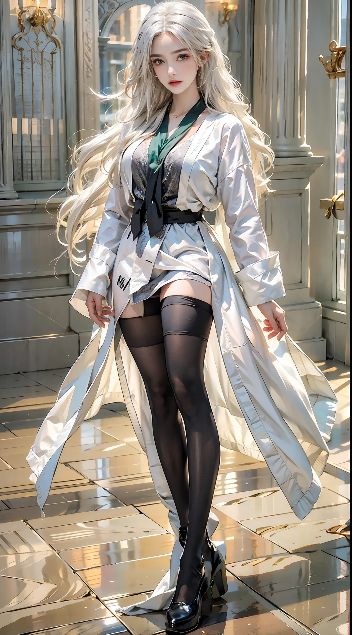 Photorealistic, high resolution, 4K，hyper HD，Top image quality，Beautiful woman, Face texture detail 1.2，Solo, view the viewer, (Detailed face), White hair, Long hair, colorful robes,JK school uniform， Large breasts，cleavage，Emerald necklace，Long blonde hair scattered，ssmile，Full body photo 1.3，Thin leg，black over-the-knee socks，legs focus