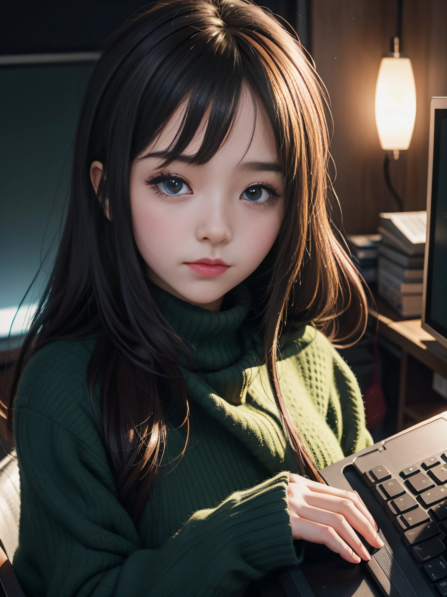 An anime girl is typing on a computer screen, Close up to the face , Capture moments of candidness, lightwave, plethora of colors, Animate