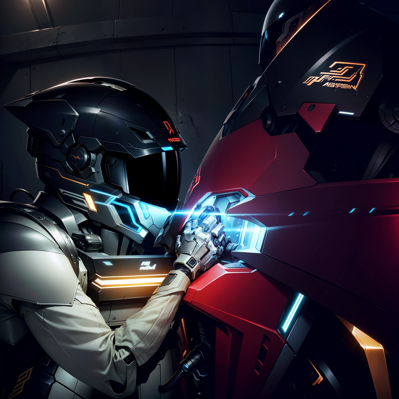 Handsome network, Handsome warrior, Full body mecha,Information mechanical motorcycle,High-tech black high-tech helmet,Nousr, Biomechanicals, MSHN Robot Man,High-tech helmet,hyper realisitc, Steel, Complex design, insanely details, finely detailled, Extremely clear lines, cinmatic lighting, photograph realistic, A detailed masterpiece