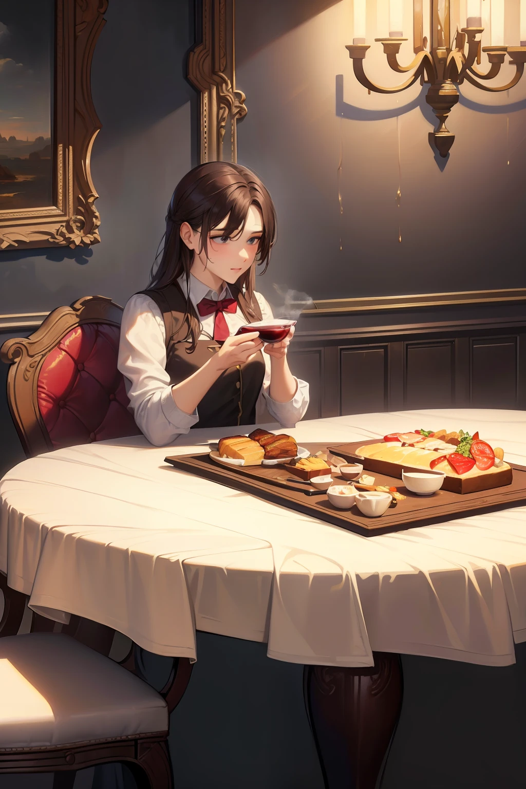 Painting the table with bread, Wine and flowers on it, detailed painting 4 k, dining table, still life, oil painting "Breakfast", romantic painting, Close the scene, by John La Gatta, based on Guido Borelli da Caluso, masterpiece work of art, Hildebrandt, digital art oil painting, on the table, beautiful wallpaper