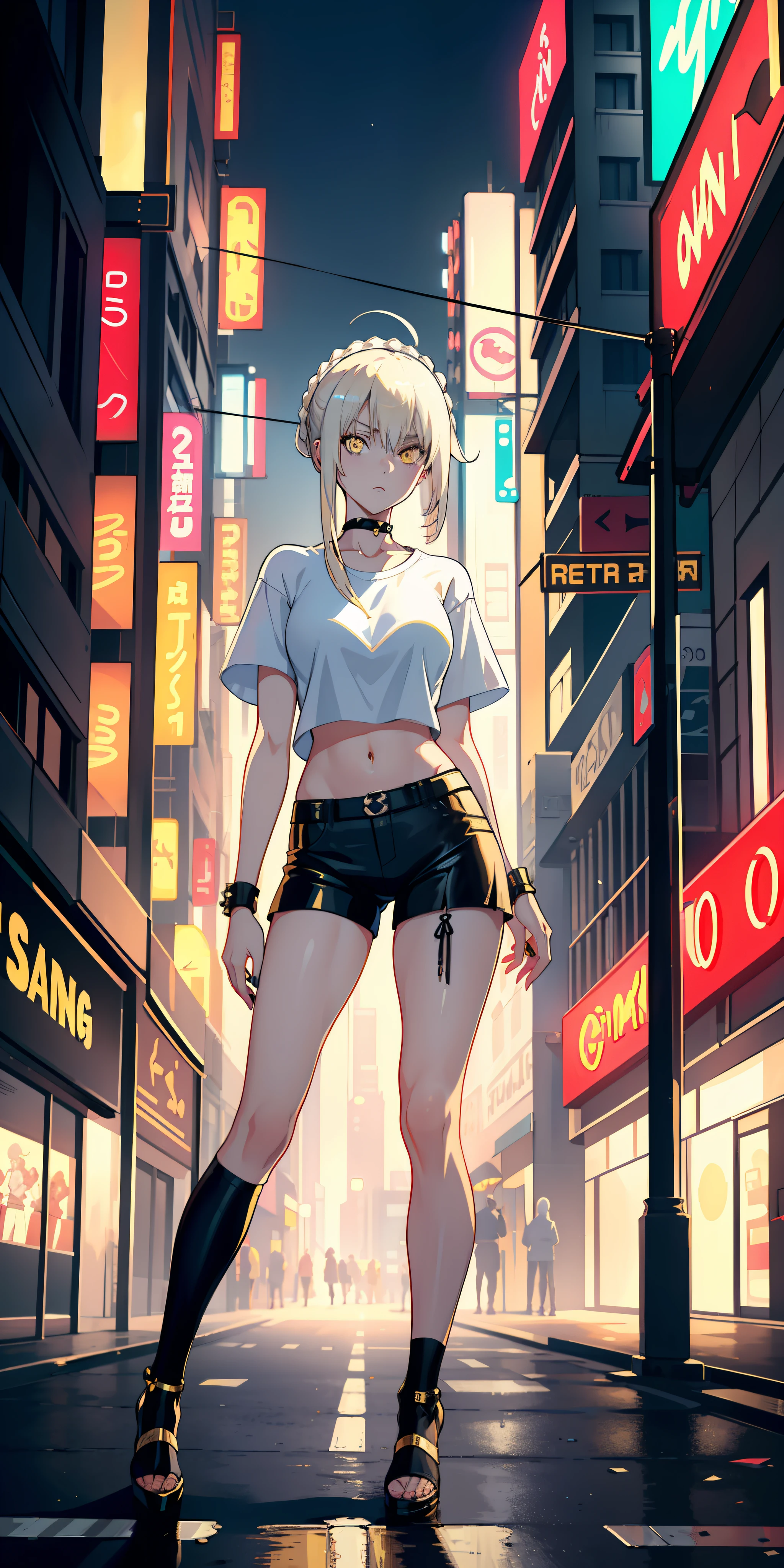 masterpiece, best quality, nsfw, 1girl, platinum blonde hair, yellow eyes, small perky breasts, on the street, night, neon light, white t-shirt, braless, black hot pants, poker face, front view, standing, in crowd, artoria pendragon alter