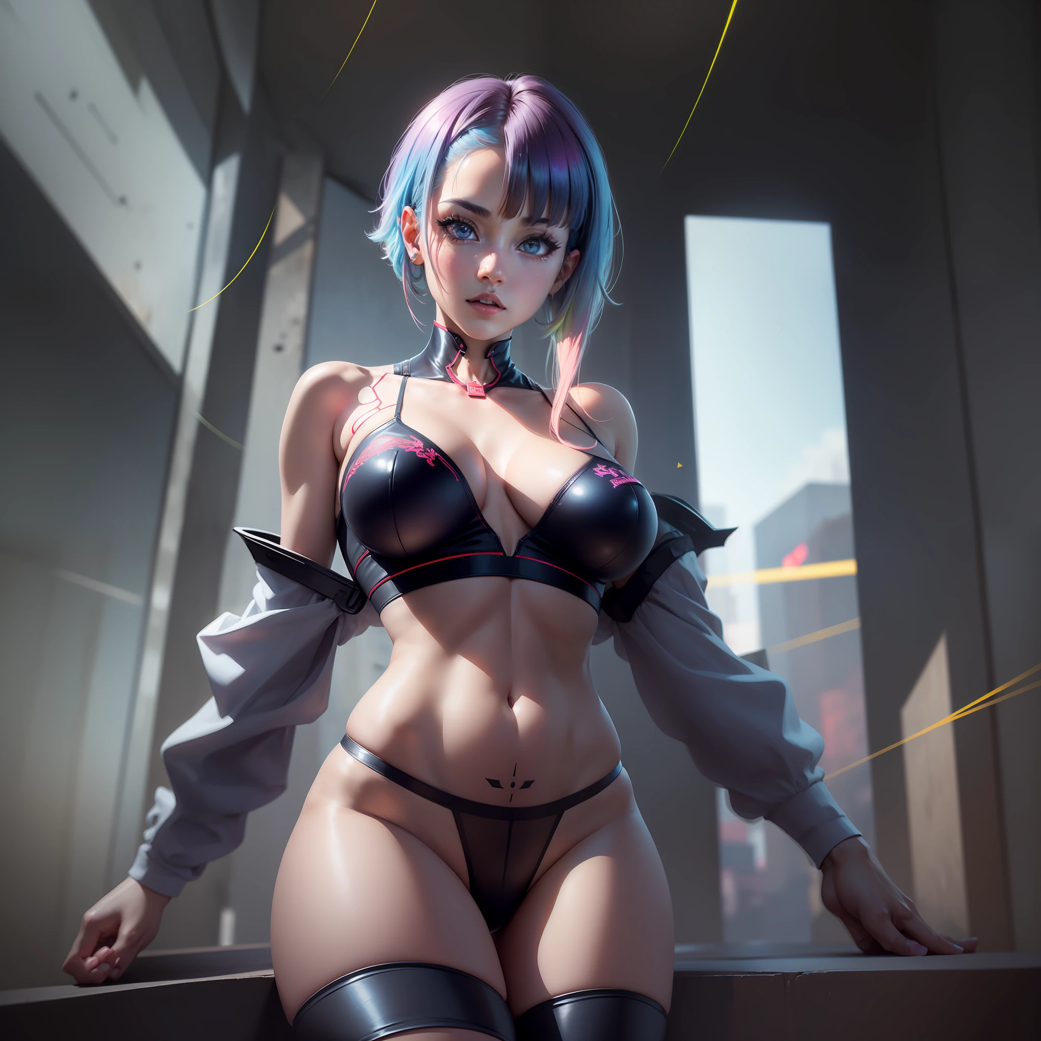 Lucy Cyberpunk Edgerunners, muito peituda, muito gostosa, muito sexy, roupa muito sexy, bra and transparent panties, (hiperrealista, (alta resolução), (8K), (extremamente detalhado), (best illustration), (belos olhos detalhados), (melhor qualidade), (obra-prima)