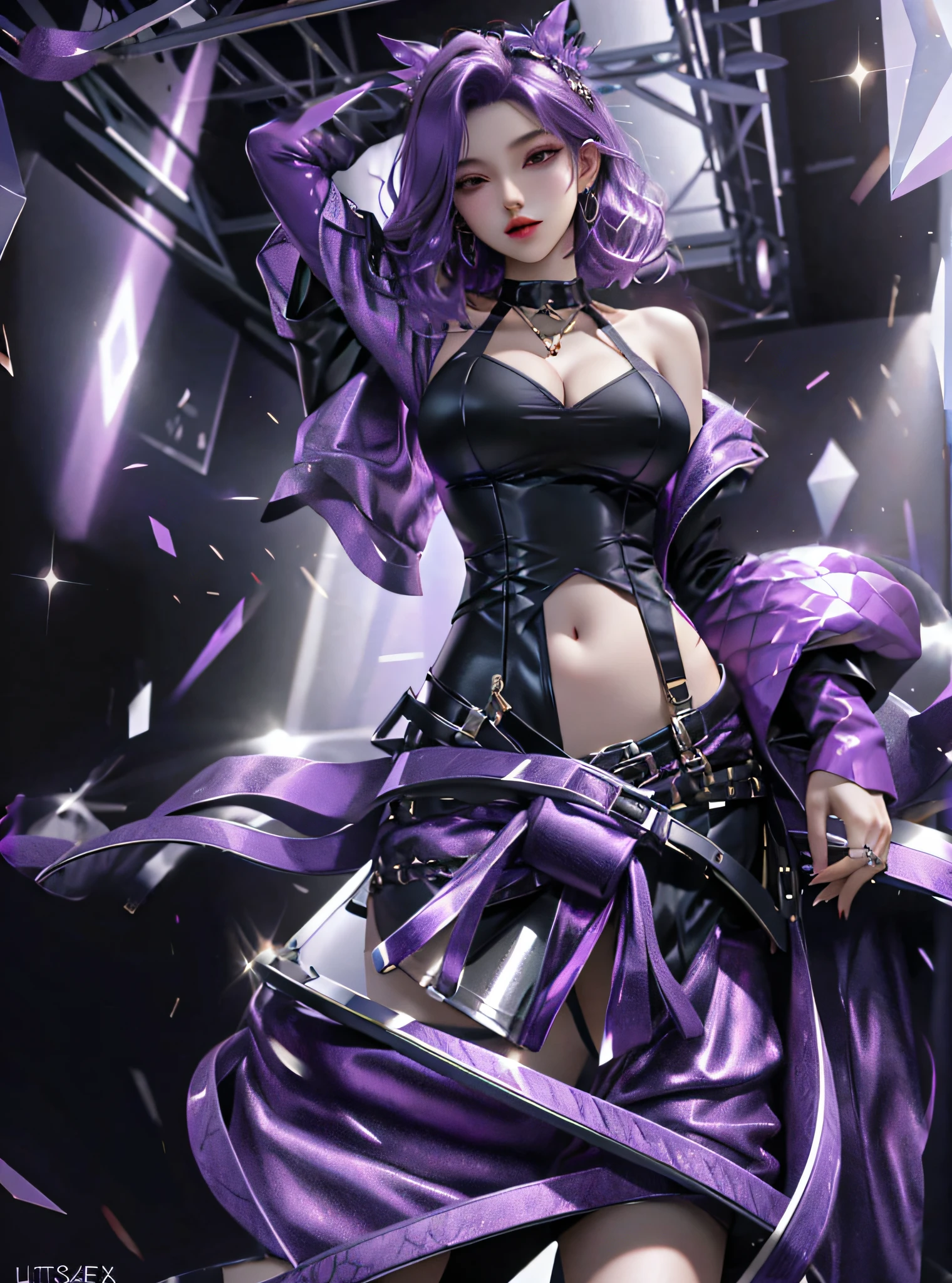 purpleish color,Hollow-out on,big breasts exposed cleavage,Bare chest,Exposed flesh,