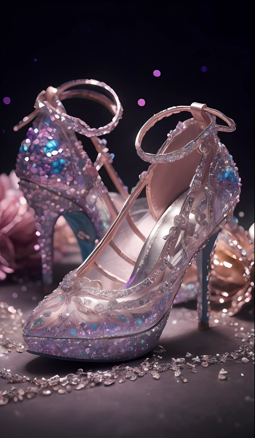 Crystal shoes and crystal roses， fanciful, galaxias, cleanness, glittery, glittery, Splendor, Colorful, Amazing photography, dramatic  lighting, photo-realism, ultra - detailed, 4K, depth of fields, A high resolution