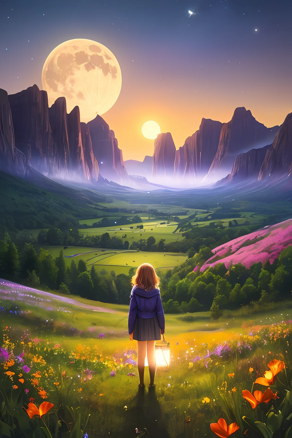 Expansive landscape photograph, (view from below with a view of the sky and the wilderness below), girl standing in a flower field looking up, (full moon: 1.2), (shooting star: 0.9), (nebula: 1.3), distant mountain, tree break production art, (warm light source: 1.2), (firefly: 1.2), lamp, purple and orange, intricate detail, volume lighting BREAK (masterpiece: 1.2), (highest quality ), 4k, ultra-detailed, (dynamic configuration: 1.4), highly detailed and colorful details (iridescent: 1.2), (sparkling lighting, atmospheric lighting), dreamy, magical, (solo: 1.2)