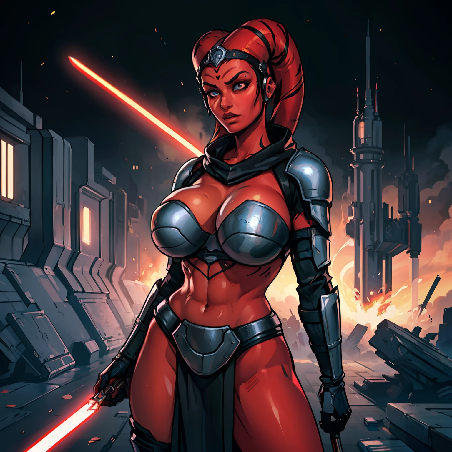 (masterpiece:1.2, best quality:1.2, beautiful, high quality, highres:1.1, aesthetic), detailed, extremely detailed, ambient soft lighting, 4K, perfect eyes, sharp face, large nose, perfect lighting, 1girl, action scene, lightsaber fighting, lasers, explosions, fire, motion lines, depth of field, masterpiece, best quality, high-definition, armor, busty, ((red skin), twi'lek), dual red lightsabers, evil space knight, space ninja, (wearing black robes, black stealth armor, breastplate, tunic, tabard, cowl, cloak, body glove, straps, buckles, skirts, long sleeves, fantasy, ((armor))), ((busty), slender body, thin, slim sexy body, slim waist, (((huge breasts, gigantic breasts)))), Imperial starship, Star Wars,