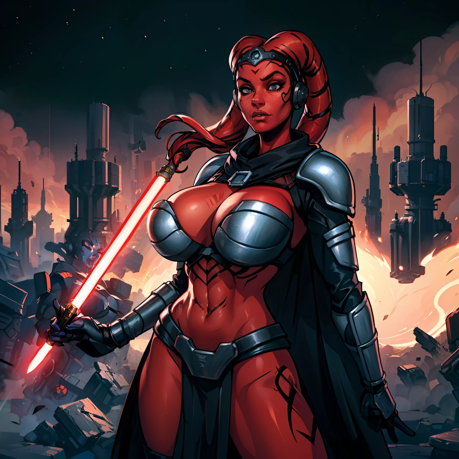 (masterpiece:1.2, best quality:1.2, beautiful, high quality, highres:1.1, aesthetic), detailed, extremely detailed, ambient soft lighting, 4K, perfect eyes, sharp face, large nose, perfect lighting, 1girl, action scene, lightsaber fighting, lasers, explosions, fire, motion lines, depth of field, masterpiece, best quality, high-definition, armor, busty, ((red skin), twi'lek), dual red lightsabers, evil space knight, space ninja, (wearing black robes, black stealth armor, breastplate, tunic, tabard, cowl, cloak, body glove, straps, buckles, skirts, long sleeves, fantasy, ((armor))), ((busty), slender body, thin, slim sexy body, slim waist, (((huge breasts, gigantic breasts)))), Imperial starship, Star Wars,