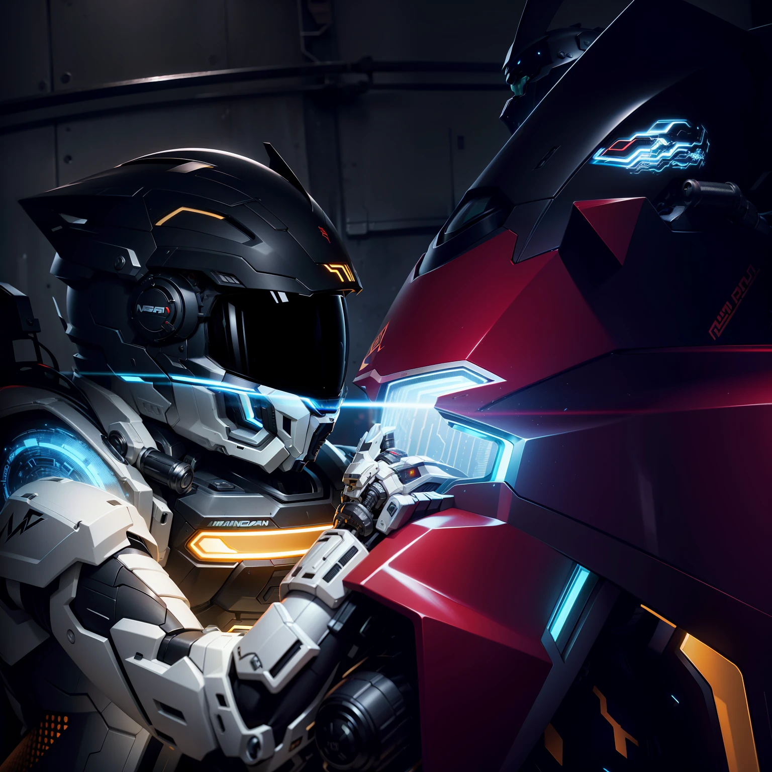 Handsome network, Handsome warrior, Full body mecha，Information mechanical motorcycle，High-tech black high-tech helmet，Nousr， Biomechanicals， MSHN Robot Man，High-tech helmet，hyper realisitc， Steel， Complex design， insanely details， finely detailled， Extremely clear lines， cinmatic lighting， photograph realistic， A detailed masterpiece