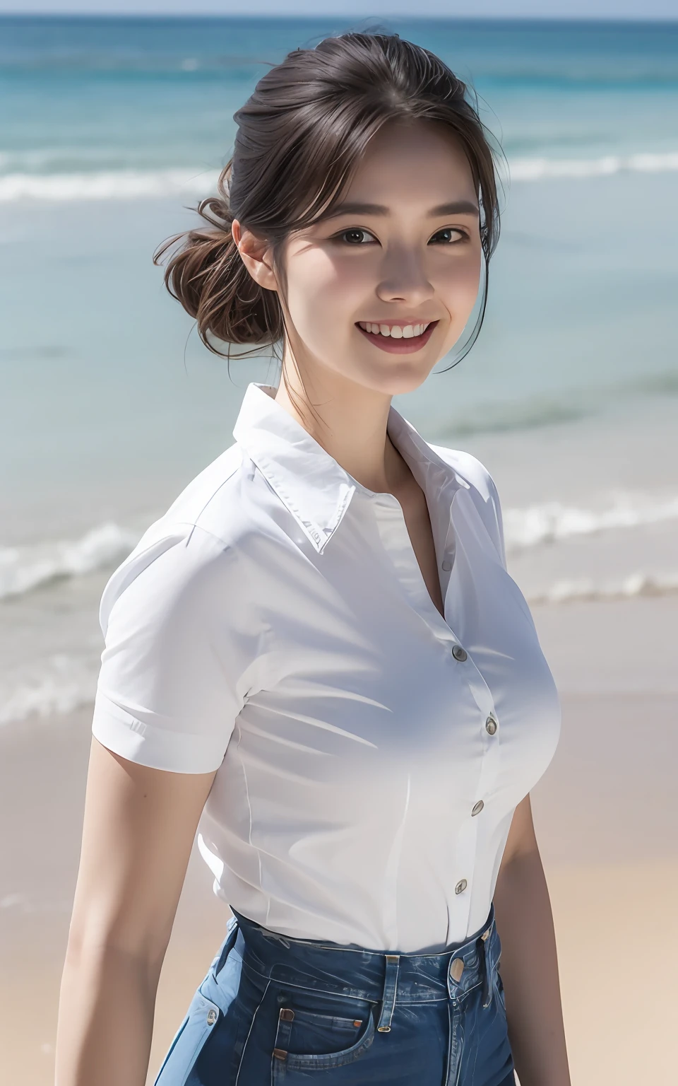 Highly detailed CG Unity 8k wallpaper, top quality, super detailed, masterpiece, realistic, photorealistic, highly detailed cute girl, 25 years old, (miniskirt denim:1.3),
(white shirt for upper body only:1.3) ,   smile,  parted lips, round eyes, large breasts, viewer, full body shot , beach , updo hair
