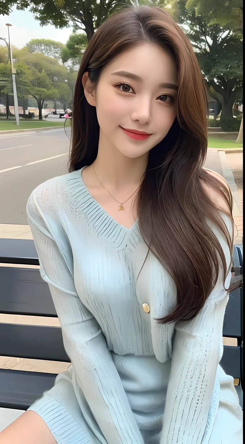((top quality, 8k, masterpiece: 1.3)), focus: 1.2, perfect body beauty: 1.4, buttocks: 1.2, (((delicate hair)), (sweater dress: 1.1), (sports car, street: 1.2), highly detailed face and skin texture, narrow eyes, double eyelids, whitened skin, smile, necklace, ring, person sitting on a park bench.