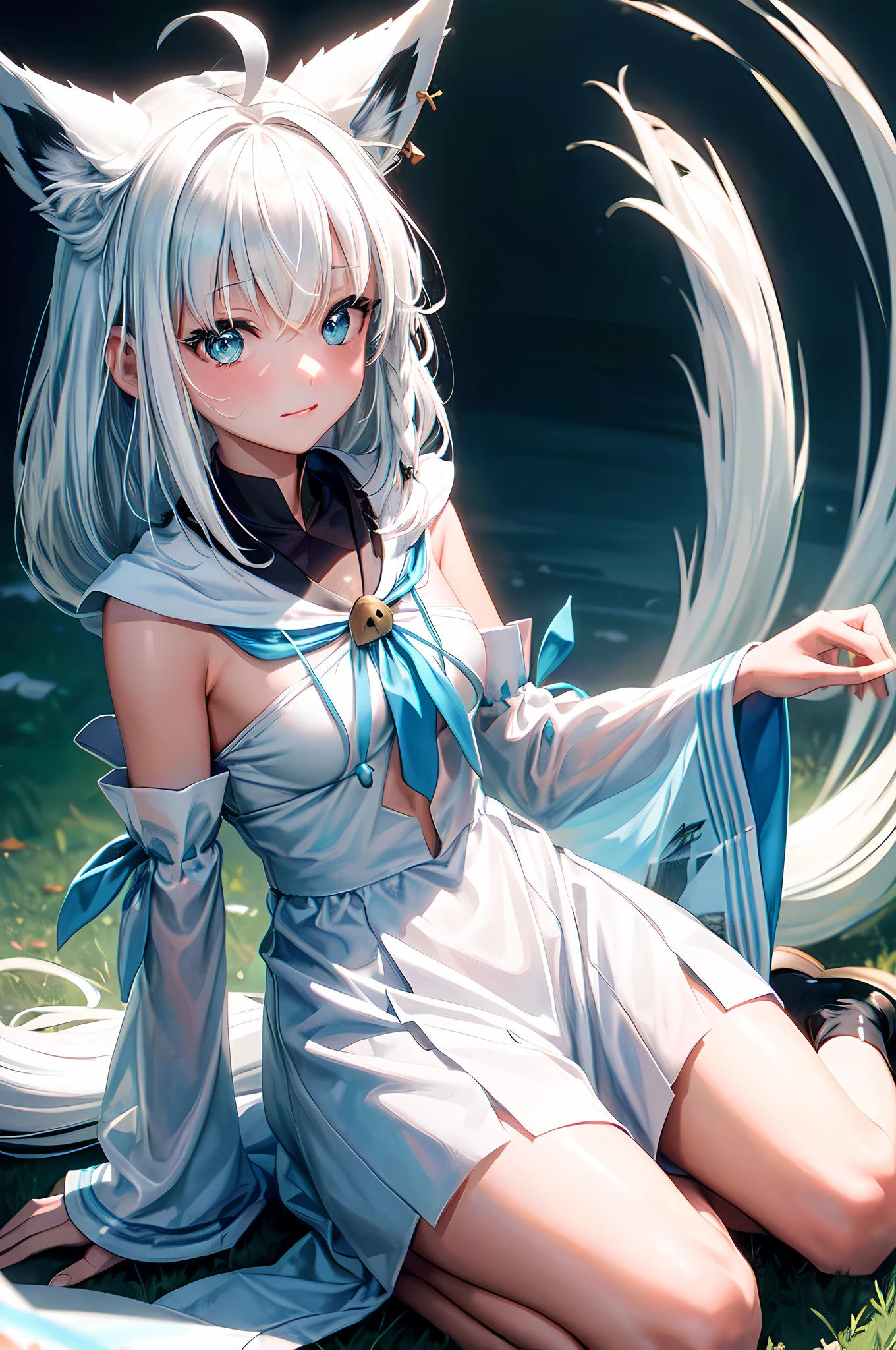 ((masterpiece)),(best quality,top quality,8k,32k),(illustration,waterpaint,paint,painting),ultra detailed eyes and face,surreal,fubuki,cute japanese girl wearing white dress,white long hair,fox ears,kirakira face,park,high res,high sharpness