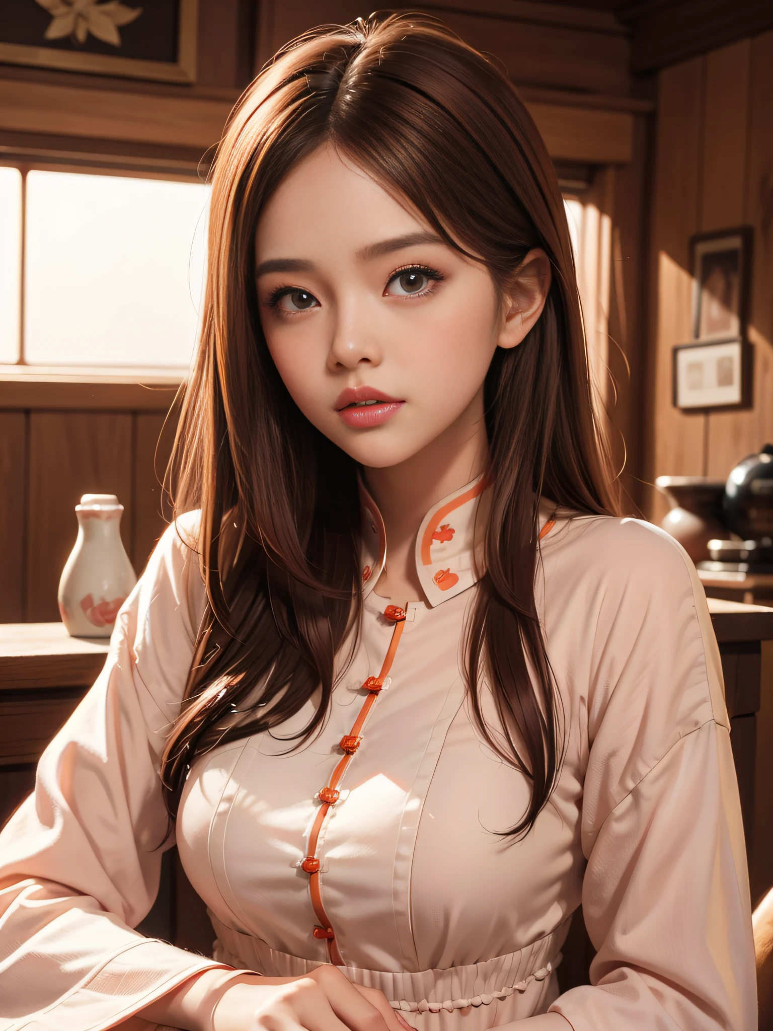 Brown hair long,Close to face,Chinese big eyes girl with lipstick on her lips, Realistic scene style, Light orange and light maroon, I can't believe how beautiful this is, pixar-style, pixar-style, pixar-style, pixar-style,Light white and dark pink, cartoon character
