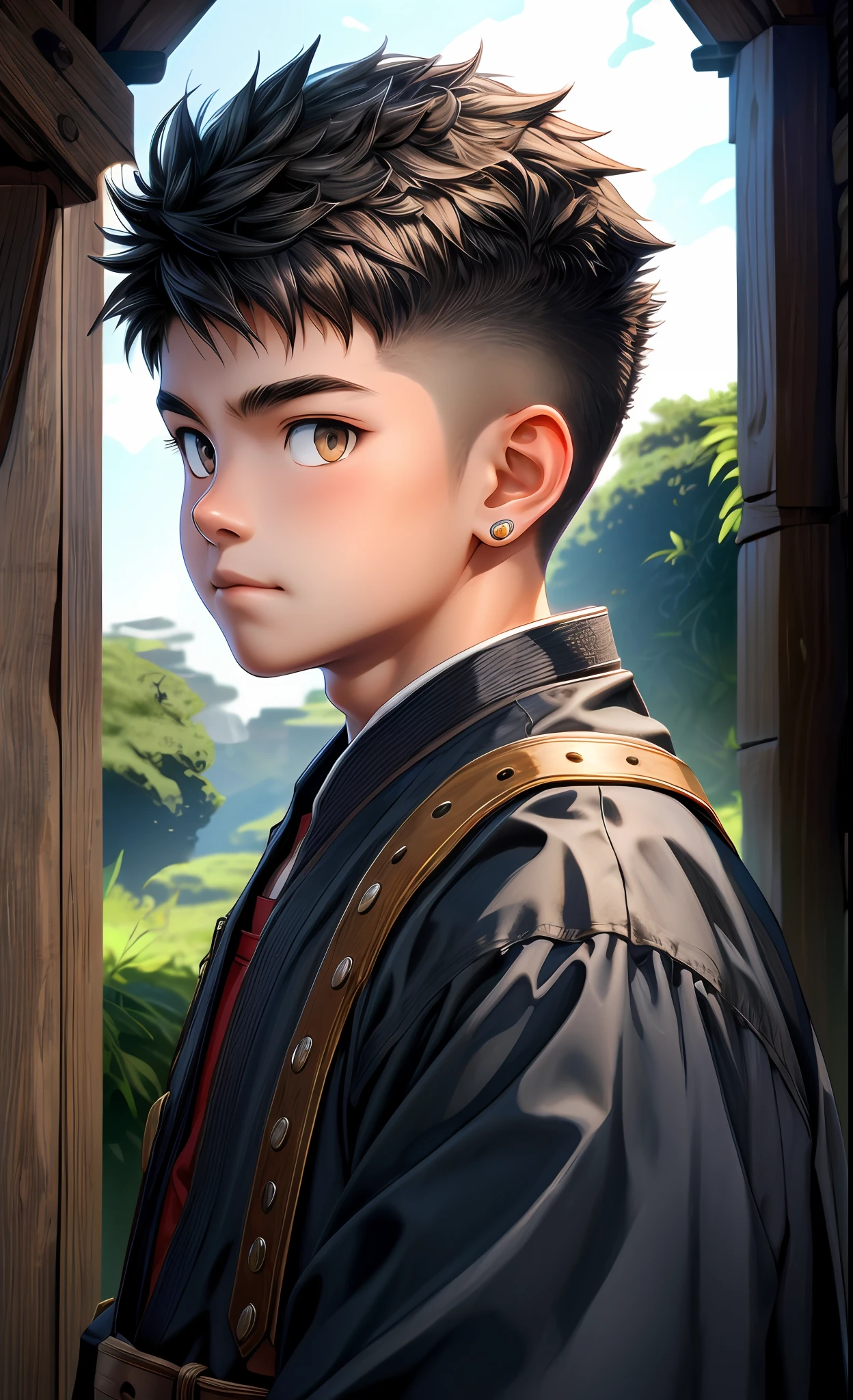 offcial art, Unity 8k wallpaper, Ultra detailed, Beautiful and aesthetic, Masterpiece, Best quality, Extremely detailed, Realistic, 1boy, Short spiked hair, crew cut hair, Cute, Young, Asian, Leopard ears, view the viewer, facingviewer, Japanese role-playing game style, medieval,