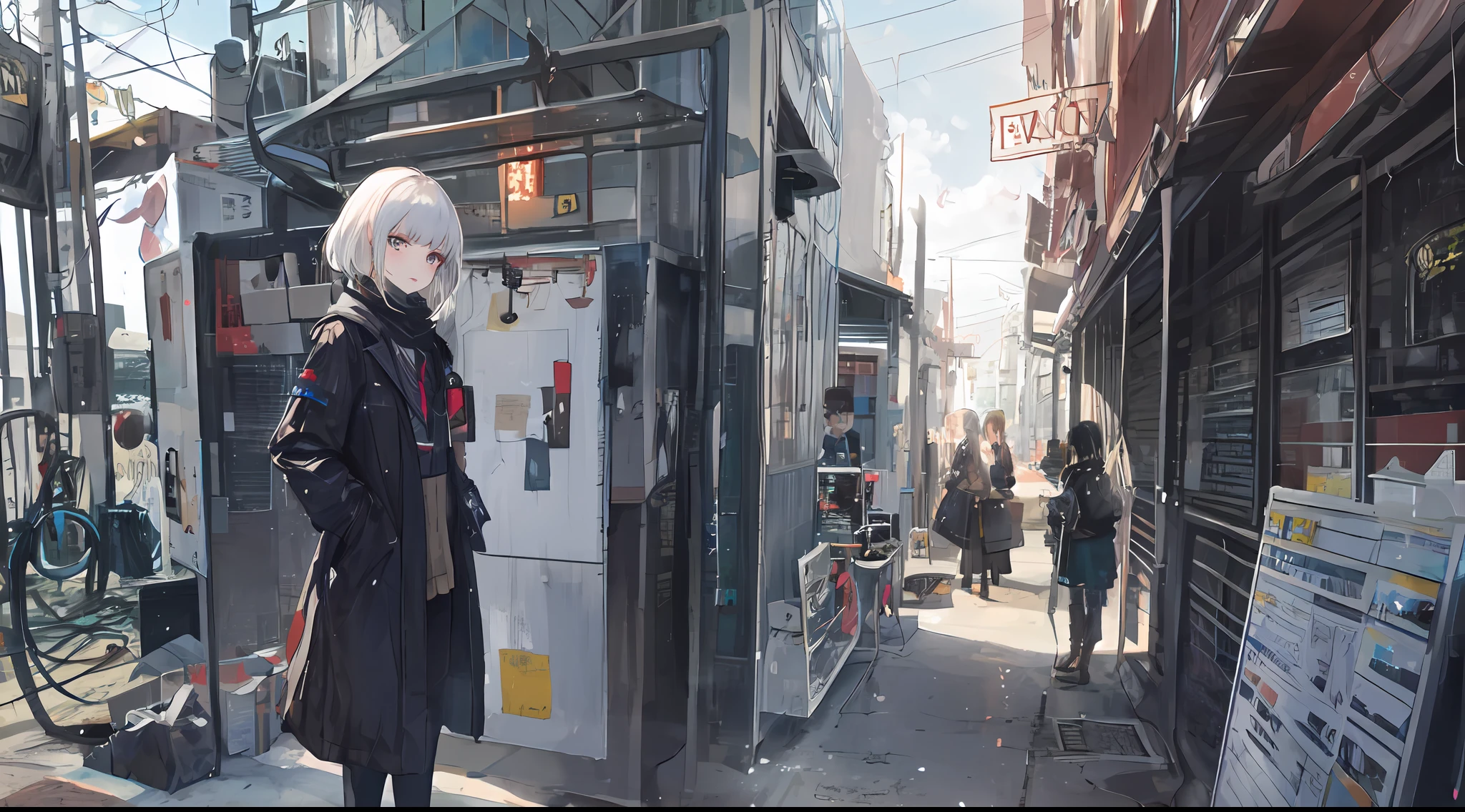 ((high qulity)), ((tmasterpiece)), 8K, Girls, bulletproof vest, llight rays, Extremely detailed Cg Unity 8K wallpapers, GameCG, looking at viewert, mitts, Boots, full bodyesbian, Wrist watch, Computer,Masks，UAVs，handheldweapons，Earphone，jaket，Bao，backpacks，Ark of tomorrow style，White trench coat，Black scarf，with short white hair，Issuing，The sword，yellow armband，Yellow band，Black strap，blue stripe，red color eyes，The sword，Firearms，Put your hands in your pockets