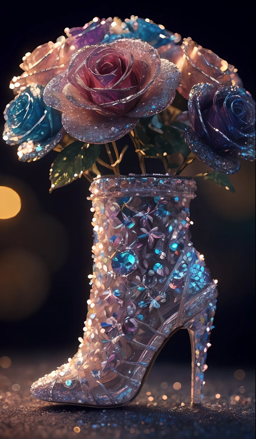 Crystal shoes and crystal roses， fanciful, galaxias, cleanness, glittery, glittery, Splendor, Colorful, Amazing photography, dramatic  lighting, photo-realism, ultra - detailed, 4K, depth of fields, A high resolution