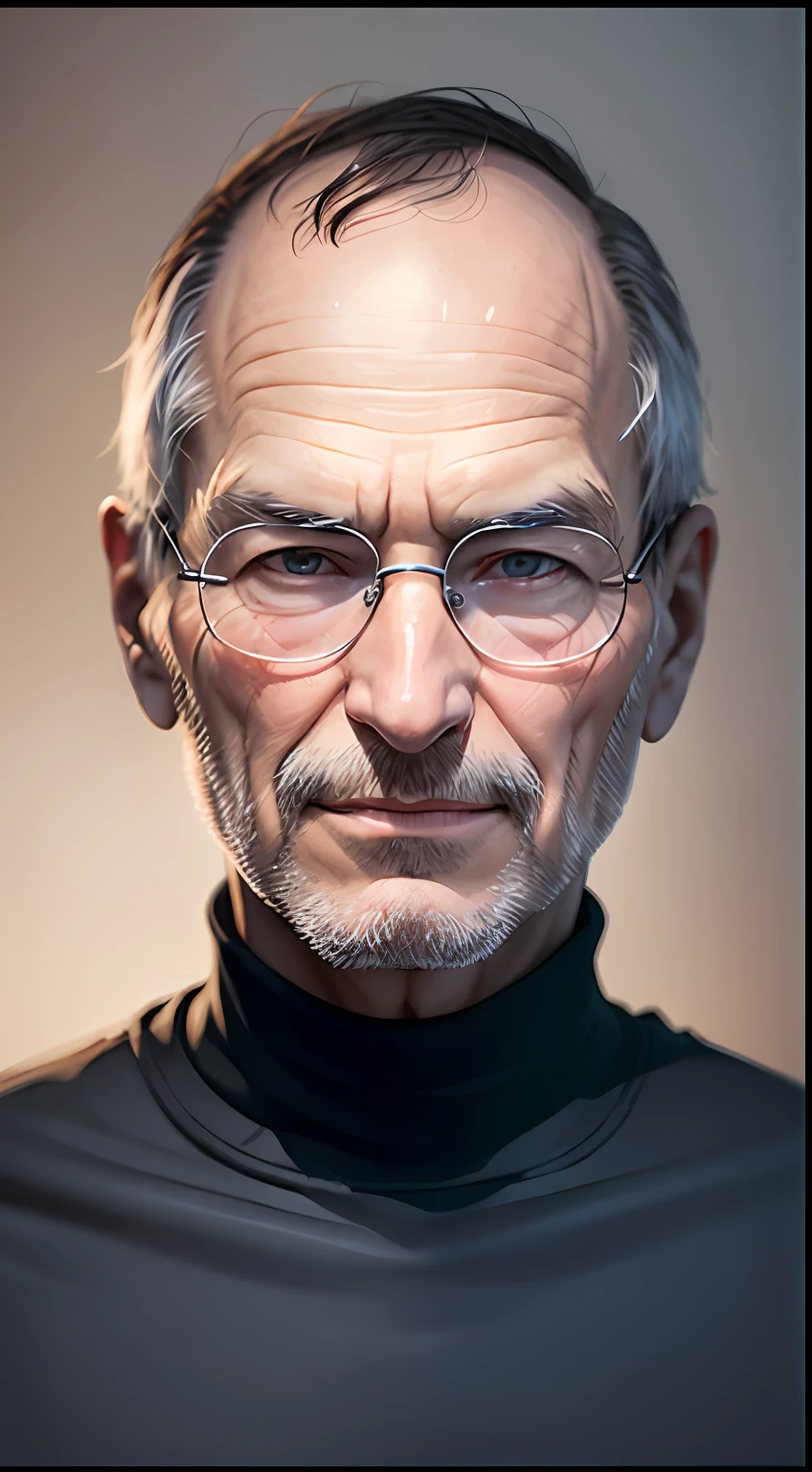 Old male, 1man, very Steve Jobs, thin, drawn, confident, generous, frowning, smile, no hair, black turtleneck shirt, simple framed glasses, front look, portrait, 4k, high-res, masterpiece, best quality, sharp focus, cinematic lighting, lighting behind, --auto --s2