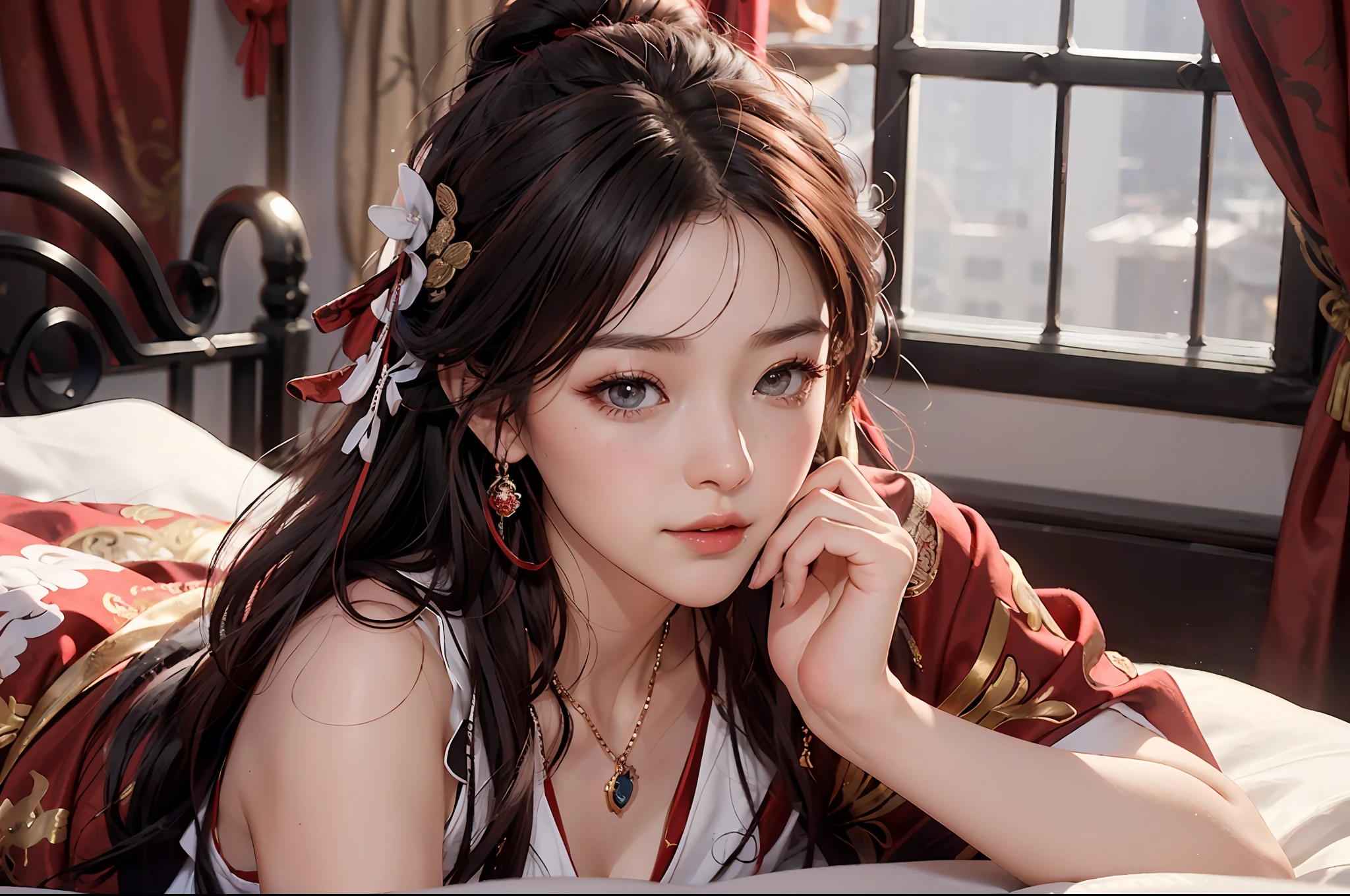 (A Chinese bride), (wearing a gorgeous Chinese red wedding dress), (conservative wedding dress), ((half lying in bed)), (Chinese style elements: 1.4), (shy, tender, beautiful face, fair skin, bright eyes, elegant eyebrows, happiness and expectation, rosy lips, soft face), (red clothing: 1.4), (wearing delicate jewelry, rings, necklaces)), clothes embroidered with phoenix motifs, (embroidery), (conservative red robe), purity, romance, (Full body shot: 1.5), (body curve), Pleated decoration, (cinematic quality), (Best quality: 1.2), (Realism: 1.4), (Indoor), Photo quality, ((octane rendering)), Close-up, Photographic lighting, (Red theme: 1.4),