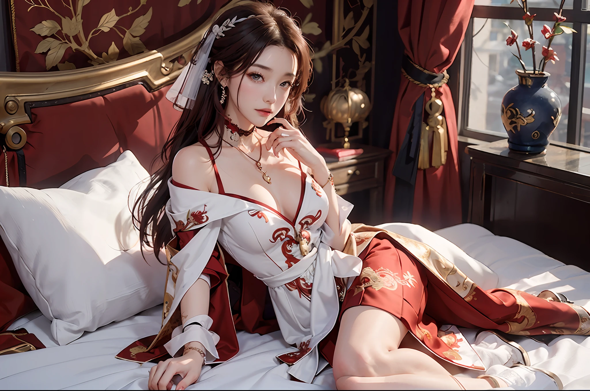 (A Chinese bride), (wearing a gorgeous Chinese red wedding dress), (conservative wedding dress), ((half lying in bed)), (Chinese style elements: 1.4), (shy, tender, beautiful face, fair skin, bright eyes, elegant eyebrows, happiness and expectation, rosy lips, soft face), (red clothing: 1.4), (wearing delicate jewelry, rings, necklaces)), clothes embroidered with phoenix motifs, (embroidery), (conservative red robe), purity, romance, (Full body shot: 1.5), (body curve), Pleated decoration, (cinematic quality), (Best quality: 1.2), (Realism: 1.4), (Indoor), Photo quality, ((octane rendering)), Close-up, Photographic lighting, (Red theme: 1.4),