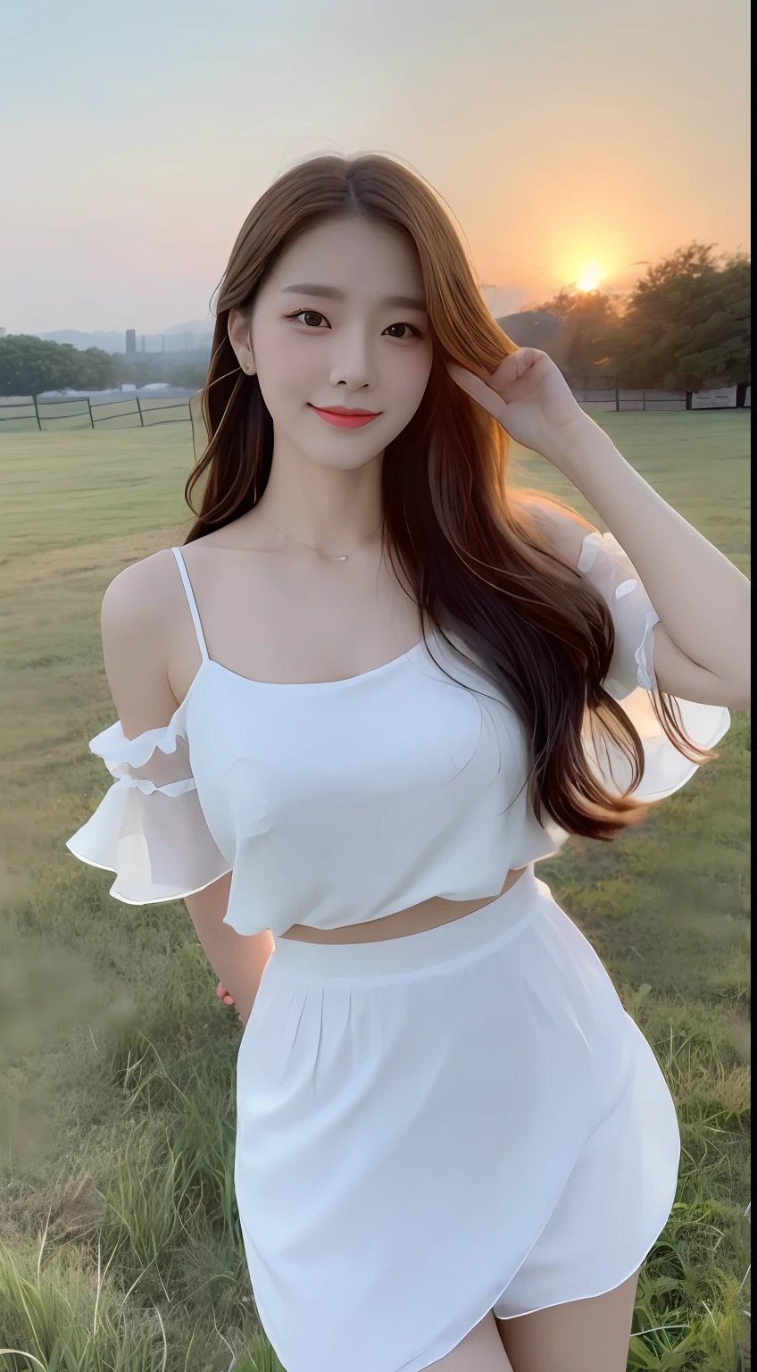 (1 Korean star with royal sister style), ((Best quality, 8K, 巨作: 1.3)), focal point: 1.2, Perfect body proportions: 1.4, (Make a smile), (Sunset: 1.3),  Watery eyes, Highly Detailed Face and Skin Textur, Fine eyes, Double eyelids, Whitens the skin, (long whitr hair, Air bangs: 1.3), (Round face inches: 1.5), (White chiffon skirt 1.4), （Sketch 1:2，） （grassy fields，suns，​​clouds，Tano，farms，starlights，footpath）