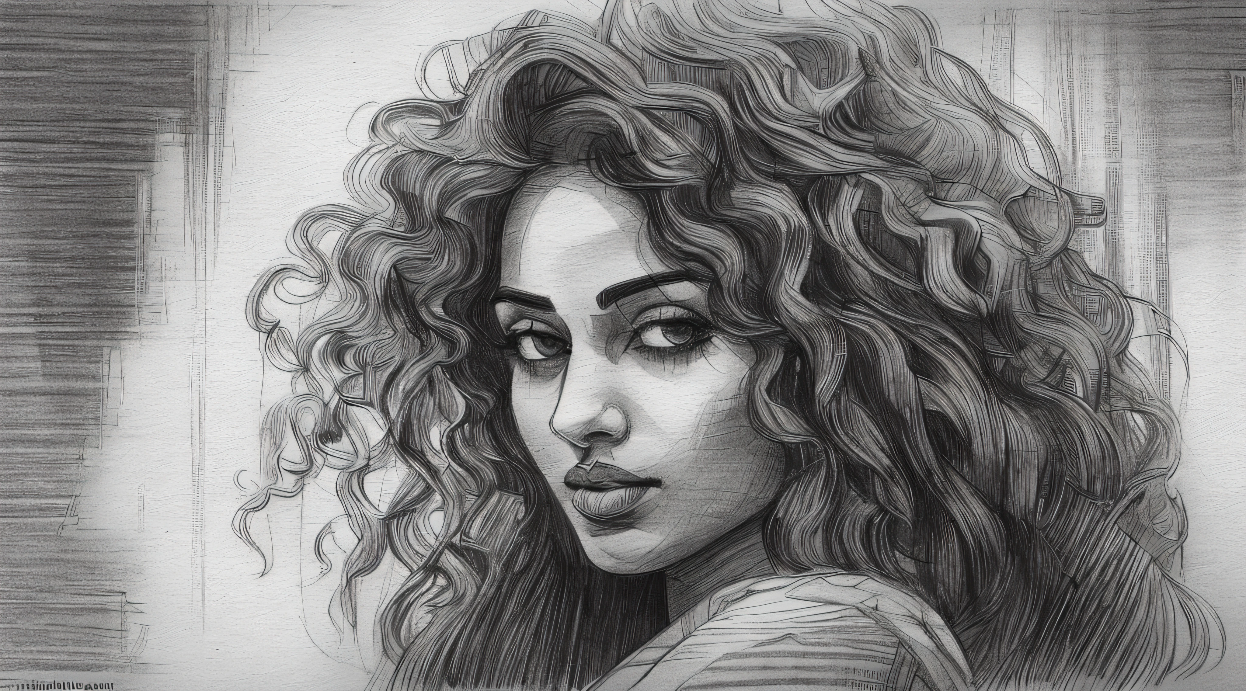 "A sensual depiction of a mesmerizing Indian lady with luscious curly locks and a captivating nose ring, portrayed in a captivating sketch art style, showcasing the contrasting shades of gray in a monochrome composition. Solo focus on the enchanting beauty." sketch artstyle, graycale, monochrome, ((solo))