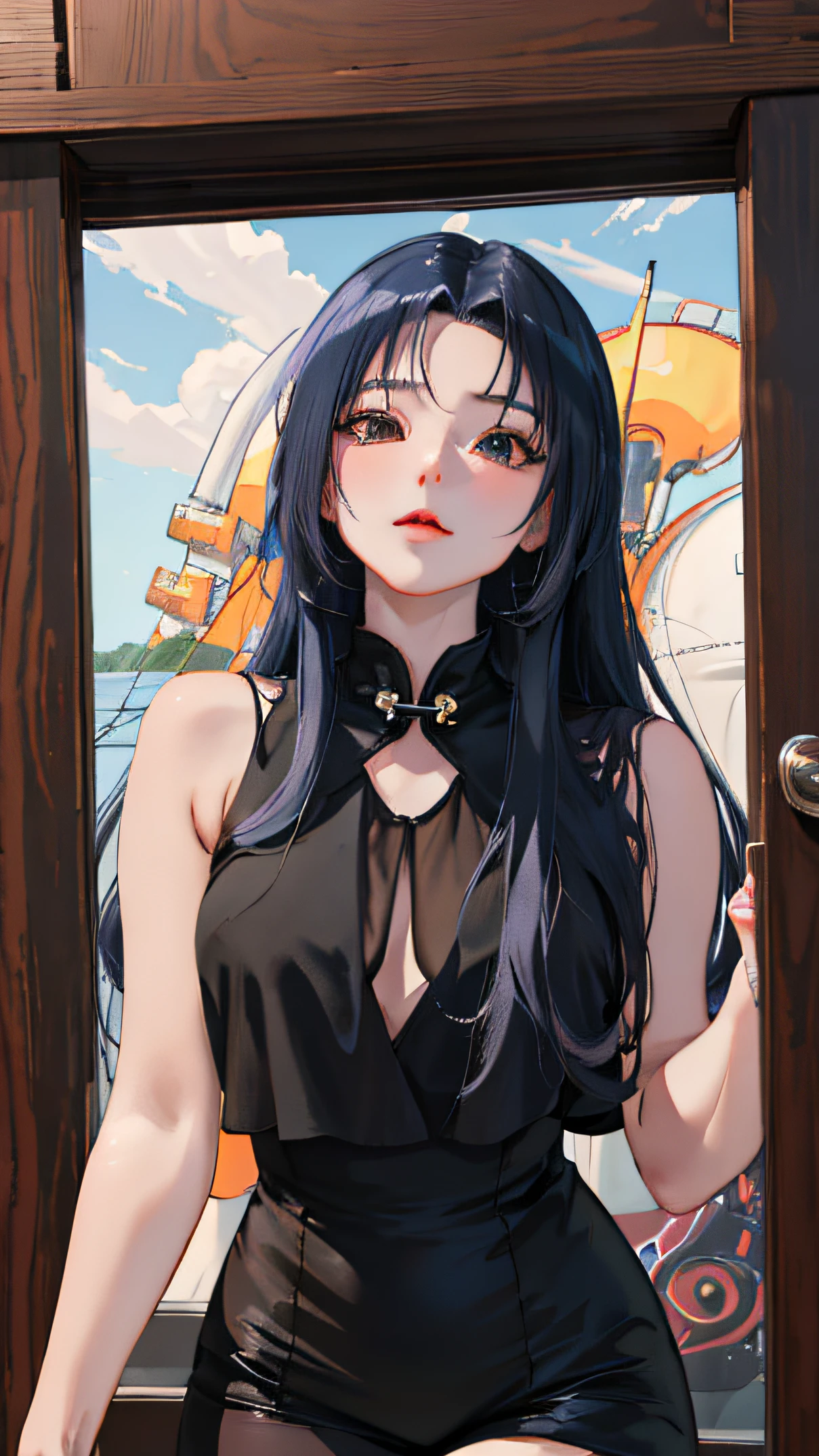 Anime girl with black hair and black cheongsam standing in front of the door, Guviz-style artwork, Digital anime illustration, attractive anime girls, seductive anime girls, realistic anime artstyle, Digital anime art, Anime girl wearing black dress, Anime style. 8K, portrait anime girl, Beautiful anime girl, style of anime4 K, a beautiful anime portrait,Realistic anime 3 D style, Anime style. 8K, anime realism style, realistic anime artstyle, Photorealistic anime,style of anime4 K, Guviz-style artwork, Casual pose,((tmasterpiece,best qualtiy)),illustratio,Ultra-detailed 8K,Photorealsitic,Clear focus,A highly detailed,Professional lighting,Colorful detailed,Rainbow color BREAK factory super long shot,with light glowing,Complicated details,Shitu-mecha,1girl stands in front of the audience,Bigchest。